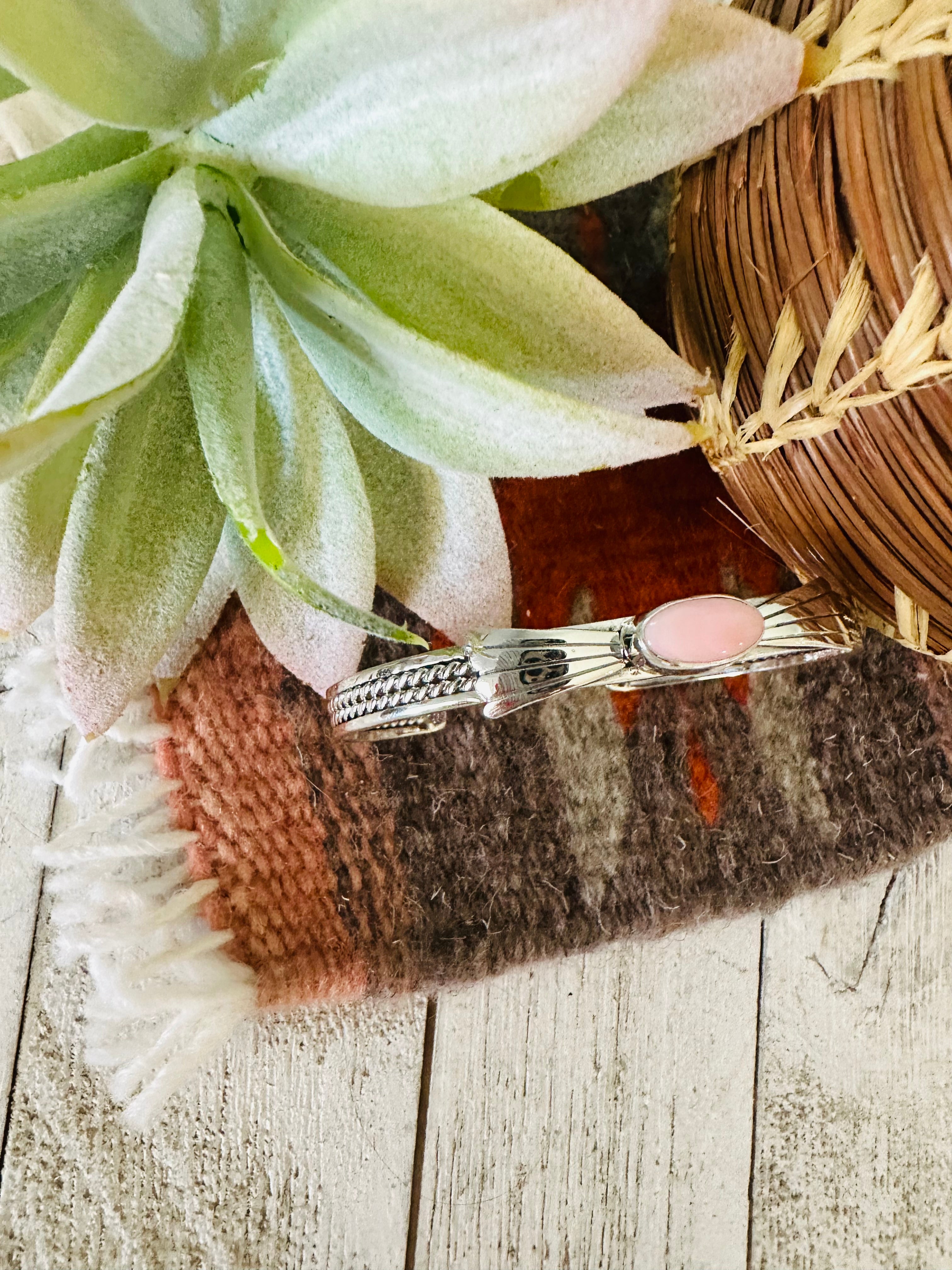 Handcrafted Queen Pink Conch Shell & Sterling Silver Cuff Bracelet