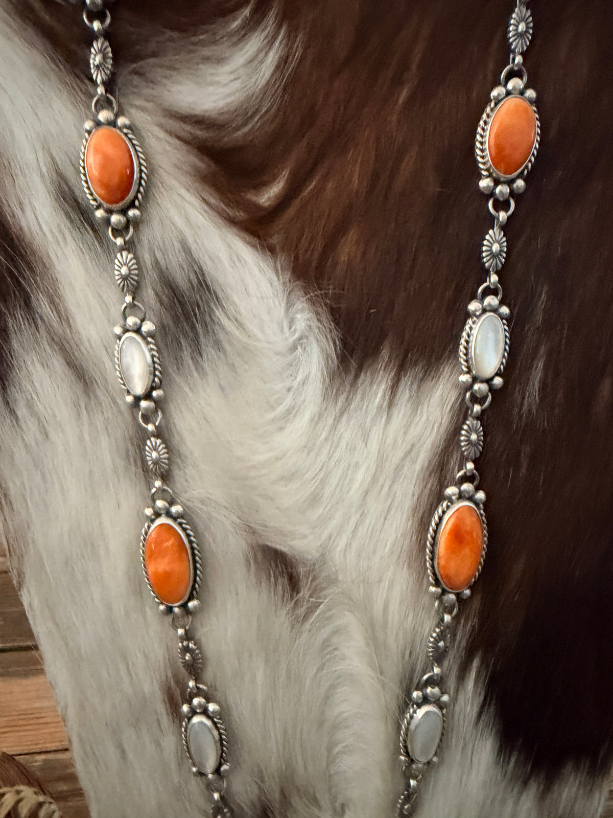 Handcrafted Spiny Oyster, Mother of Pearl & Sterling Silver Cluster Necklace and Earring Set by Fred Francis