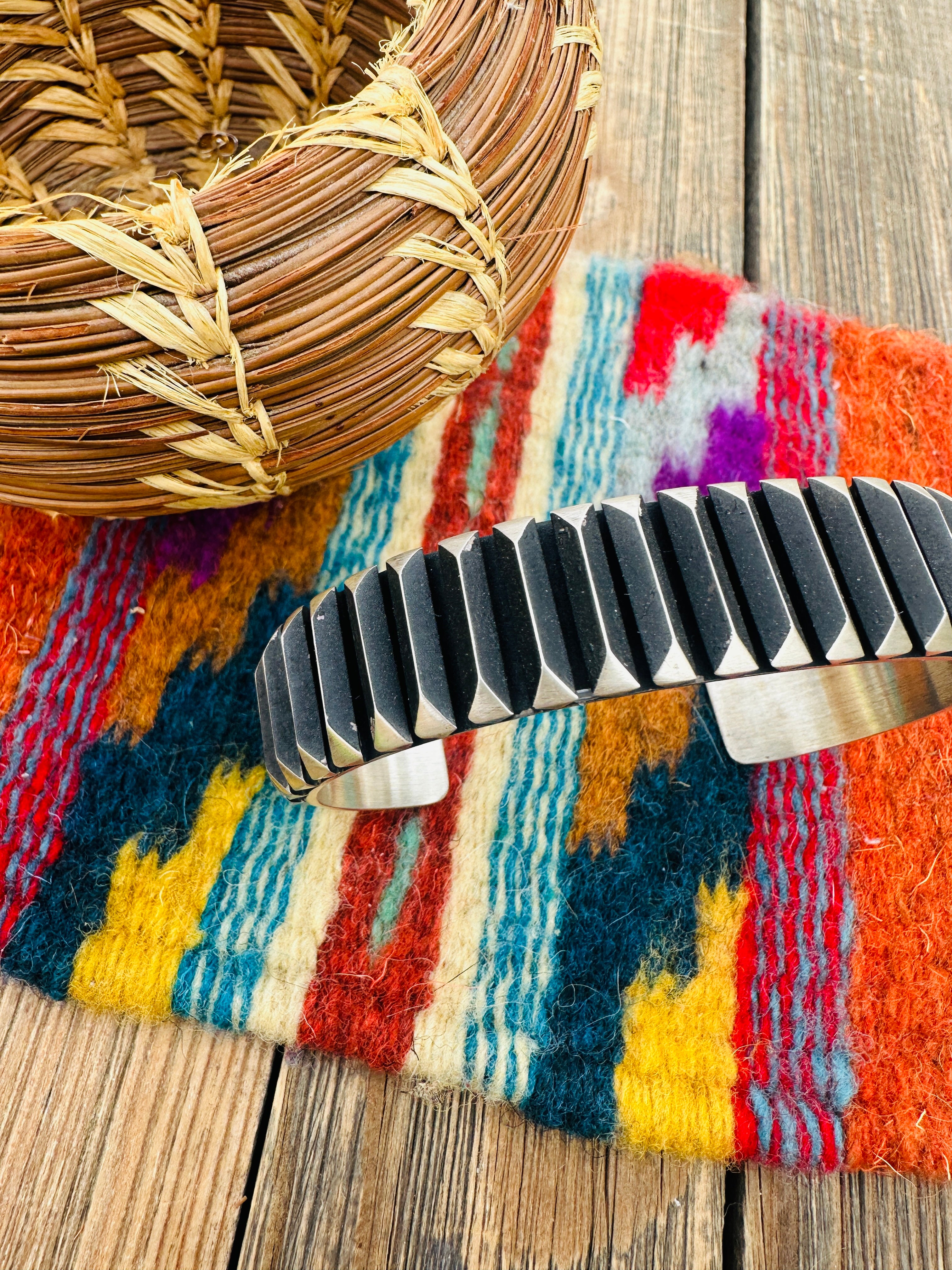 Hand Stamped Sterling Silver Cuff Bracelet by Leander Tahe