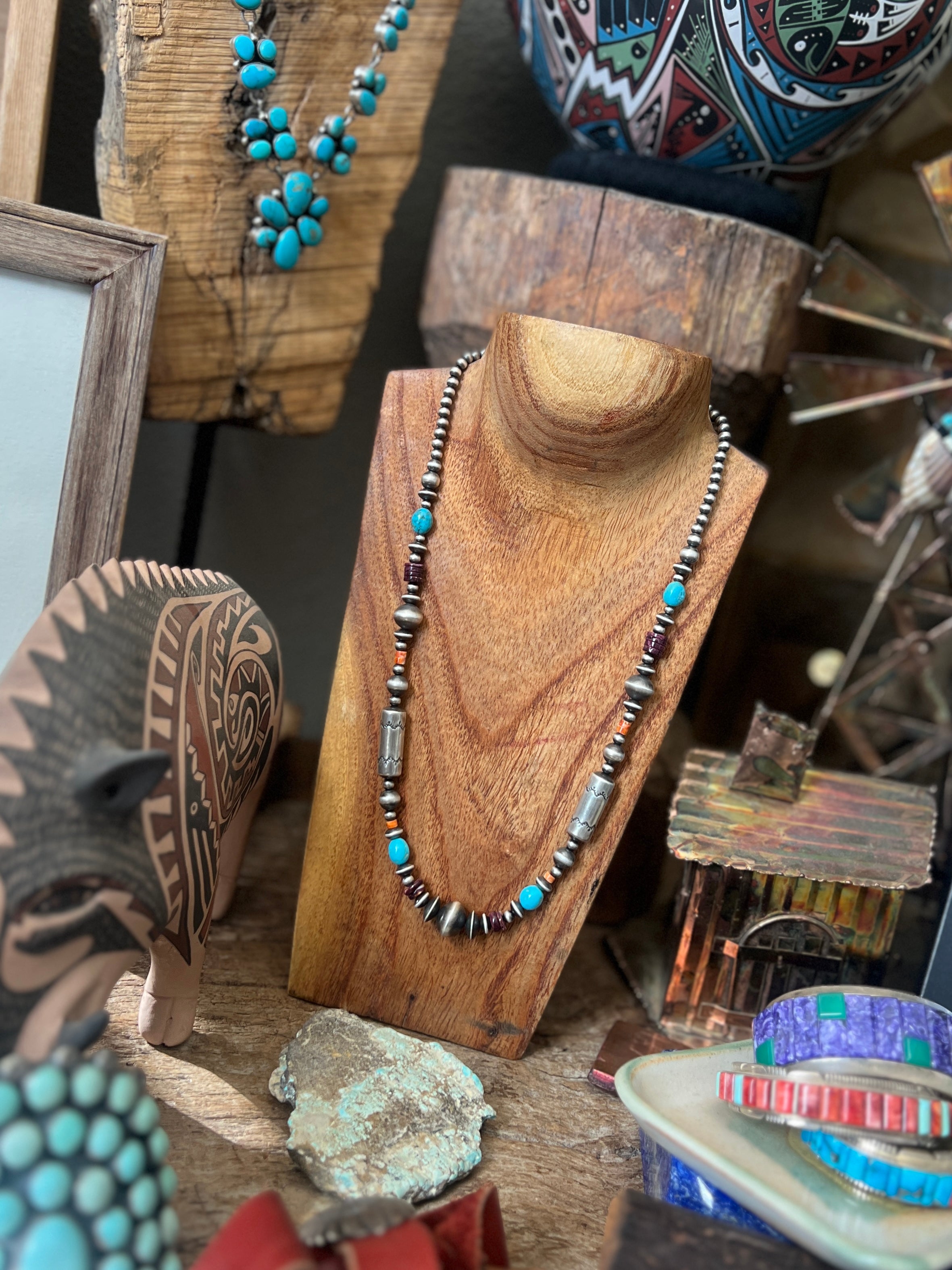 Rose Martin Electric Rainbow Sterling Silver, Turquoise and Spiny Oyster Single Strand Beaded Necklace, 24 + 1-1/2 inches