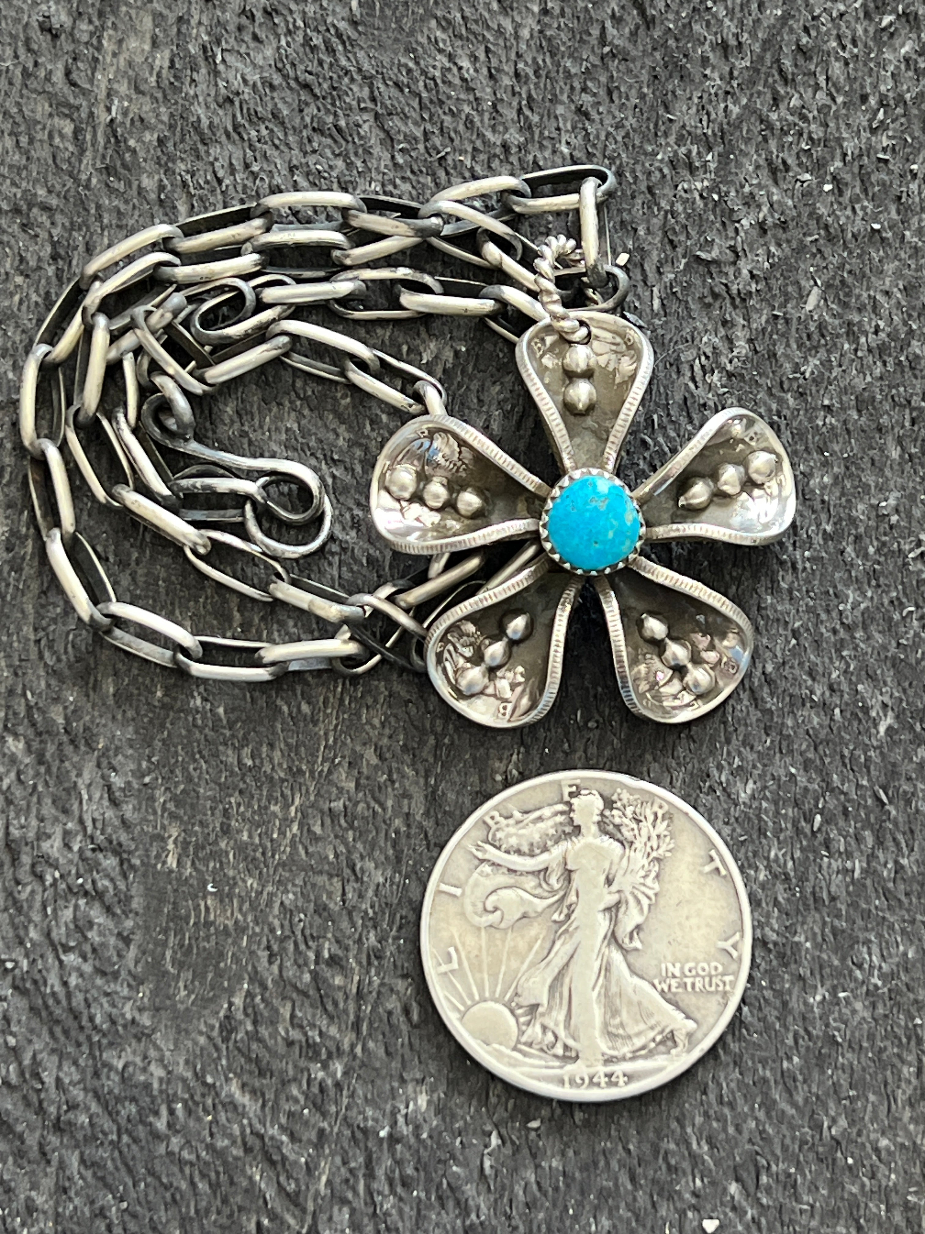 Handcrafted Sterling and Coin Silver Mercury Dime Flower Pendant with Turquoise on Handmade Chain by James Begay