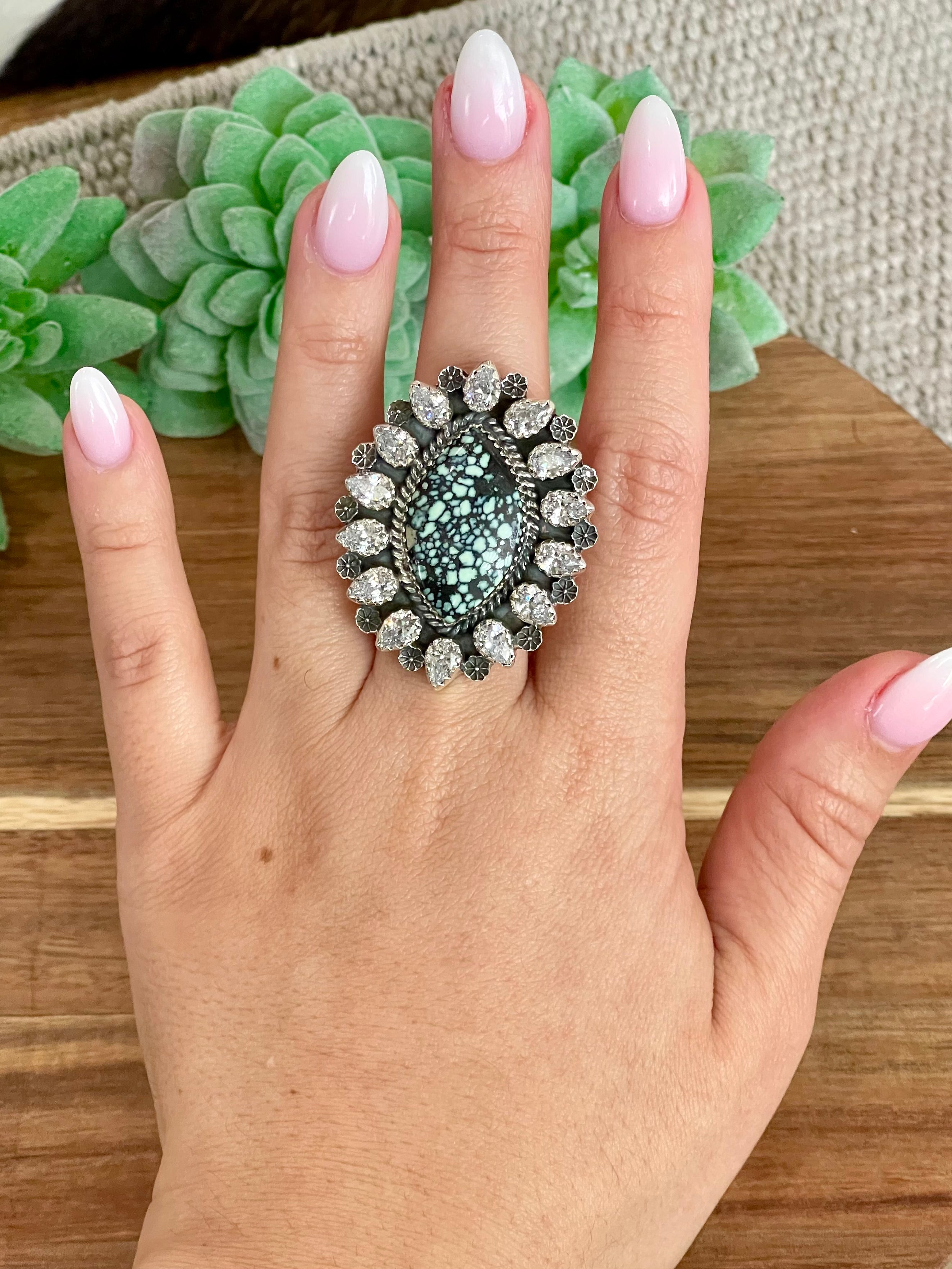 Beautiful Handmade New Lander Turquoise, Cubic Zirconia And Sterling Silver Adjustable Ring