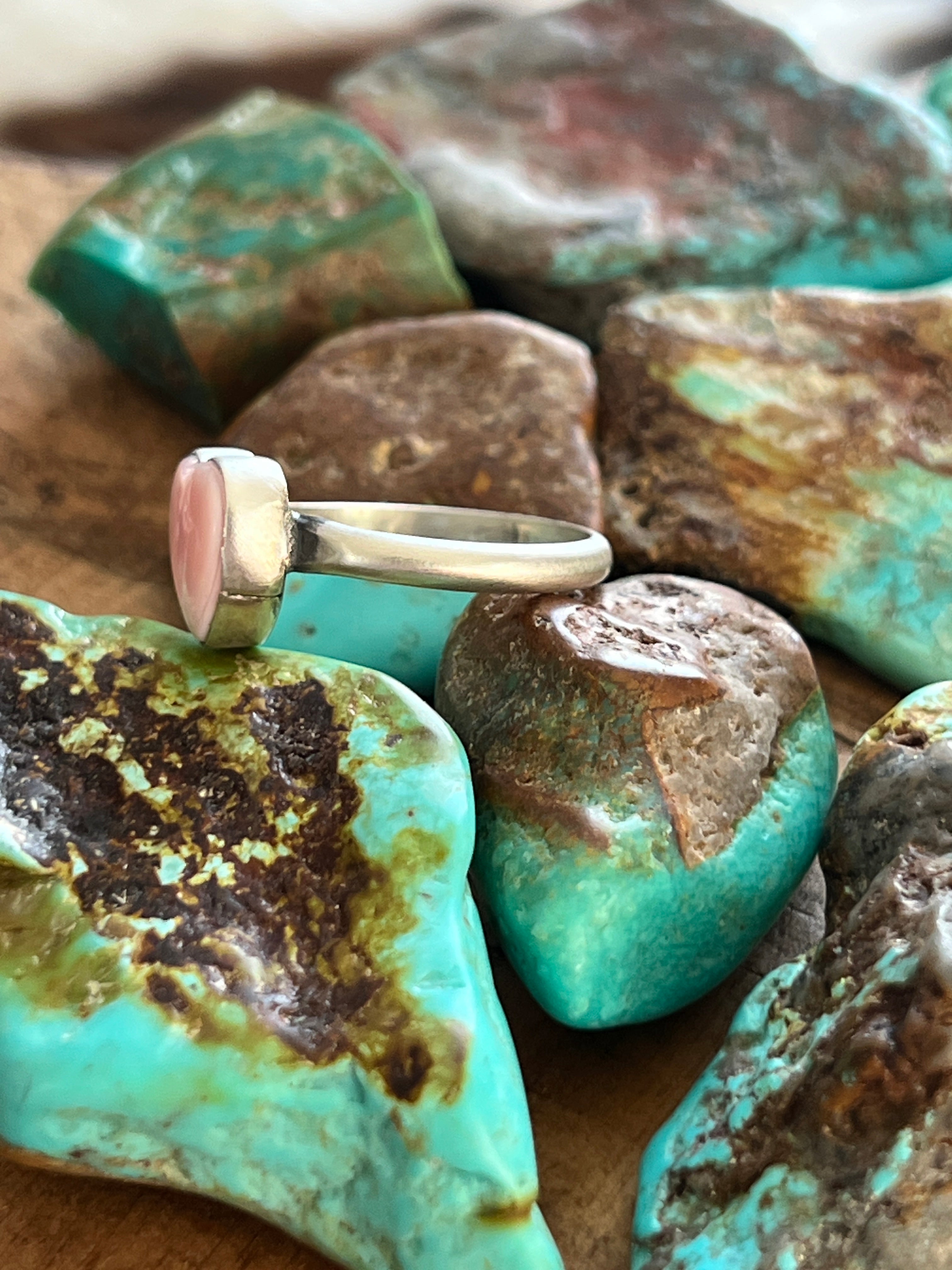 Handcrafted Made Sterling Silver and Heart Shaped Pink Conch Stacker Ring, Single Shank