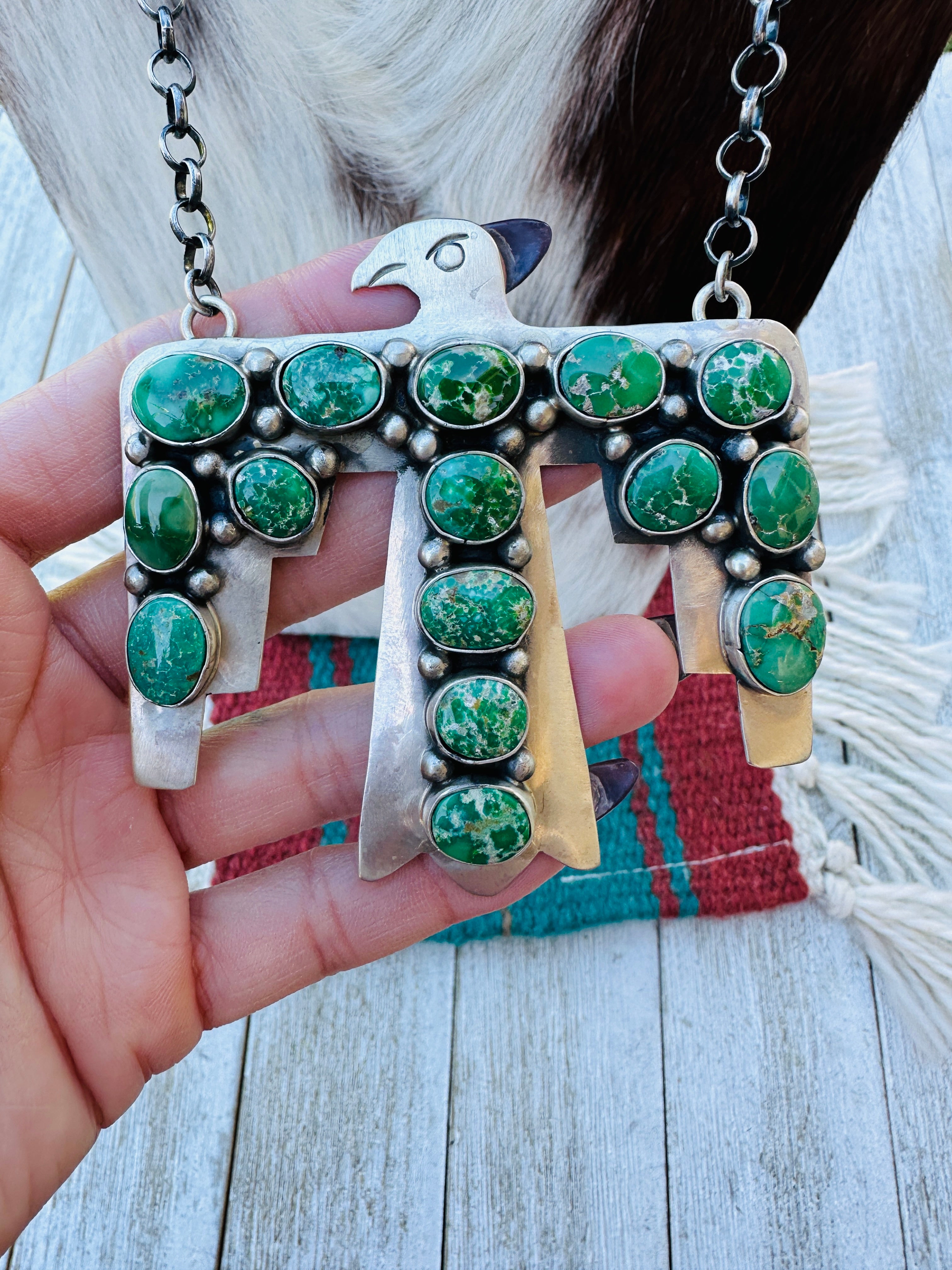 Handcrafted Sonoran Gold Turquoise & Sterling Silver Thunderbird Necklace by Russell Sam