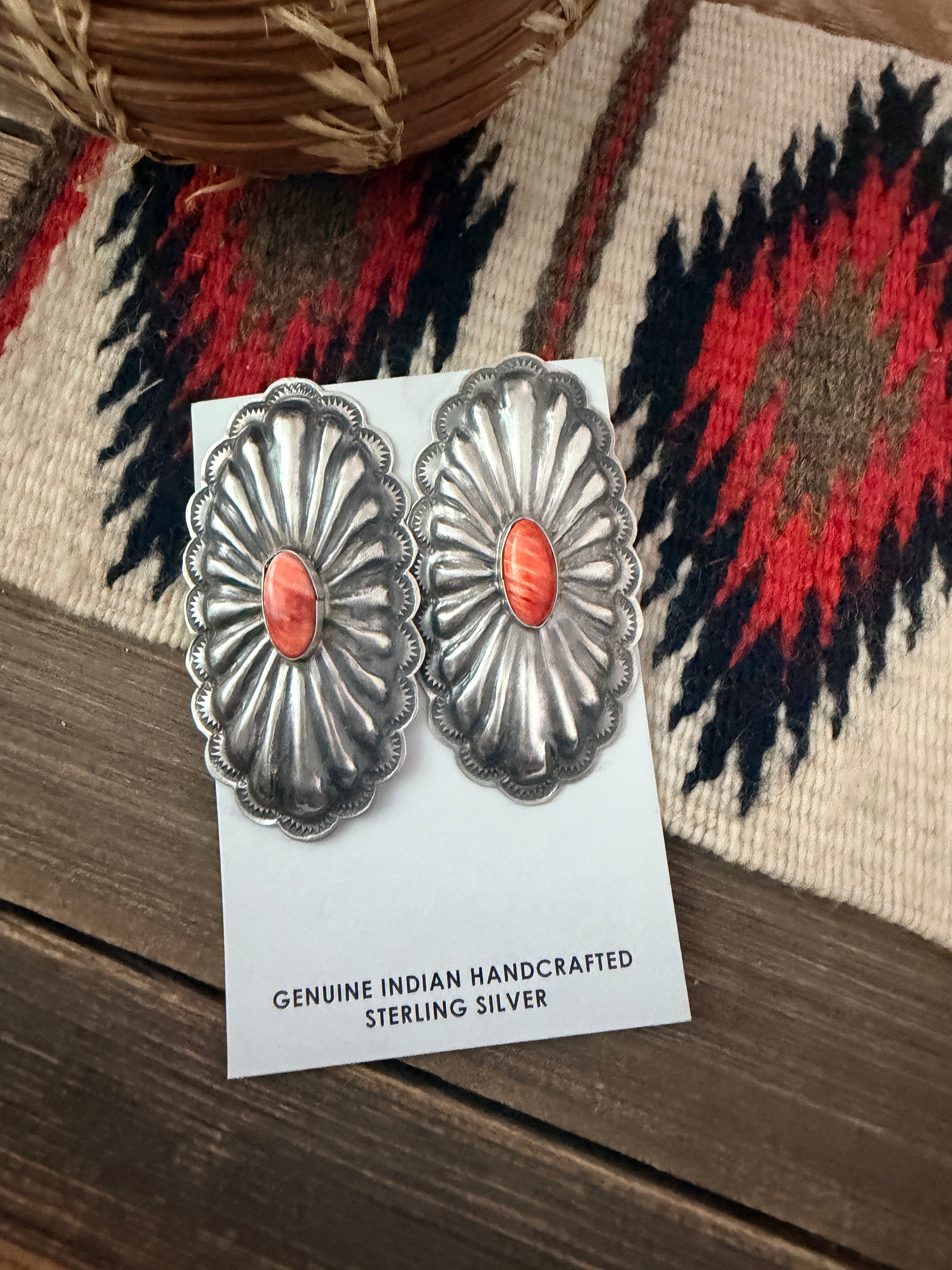 Handcrafted Spiny Oyster & Sterling Silver Concho Post Earrings by Rita Lee
