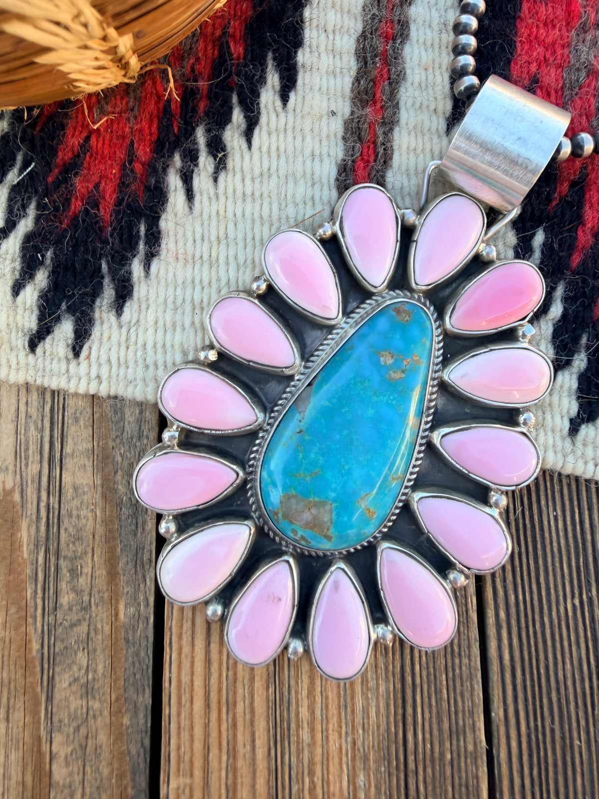 Handcrafted Sterling Silver, Turquoise & Queen Pink Conch Cluster Pendant