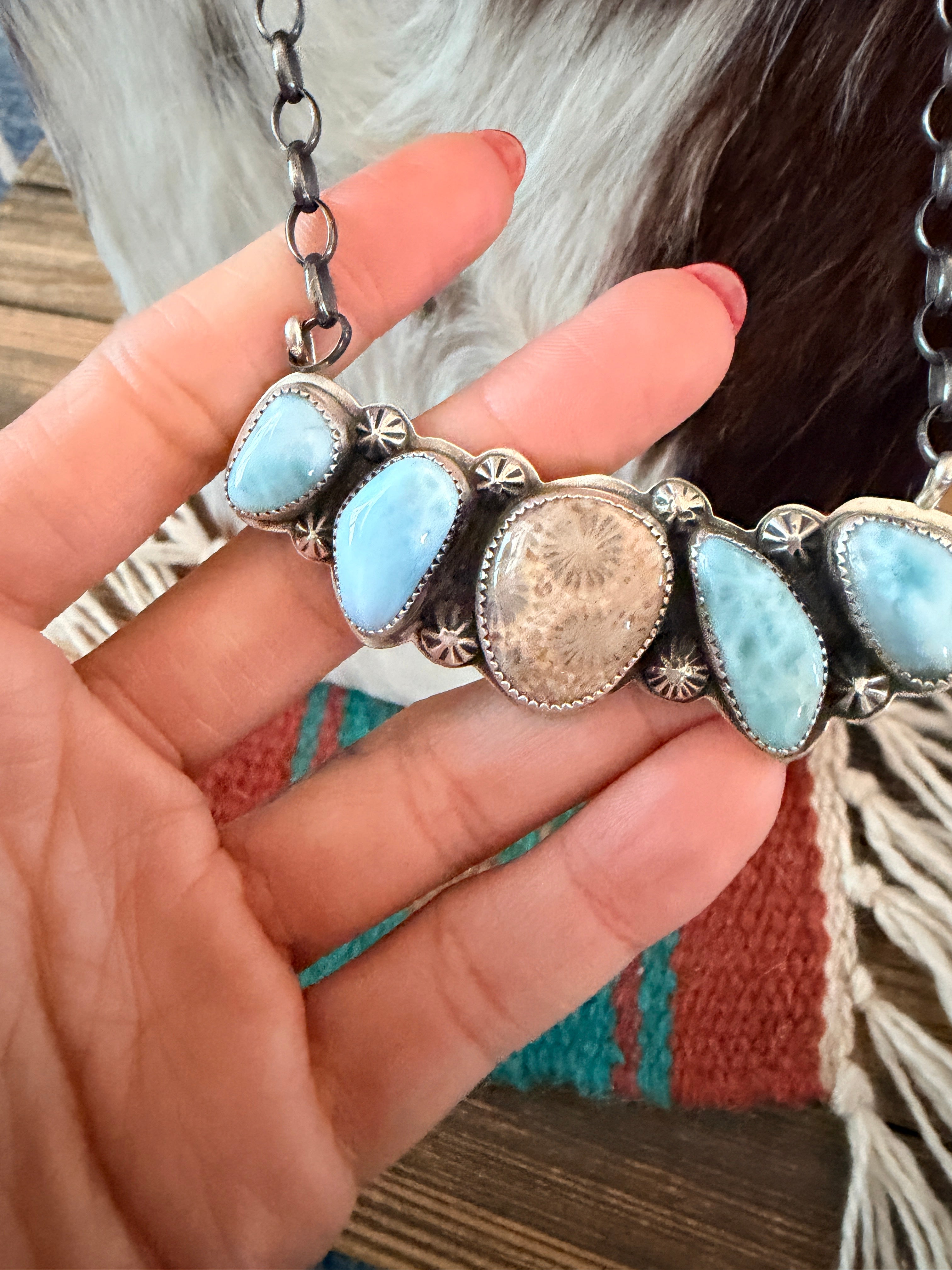 Handmade Sterling Silver, Larimar & Fossilized Coral Necklace Necklace