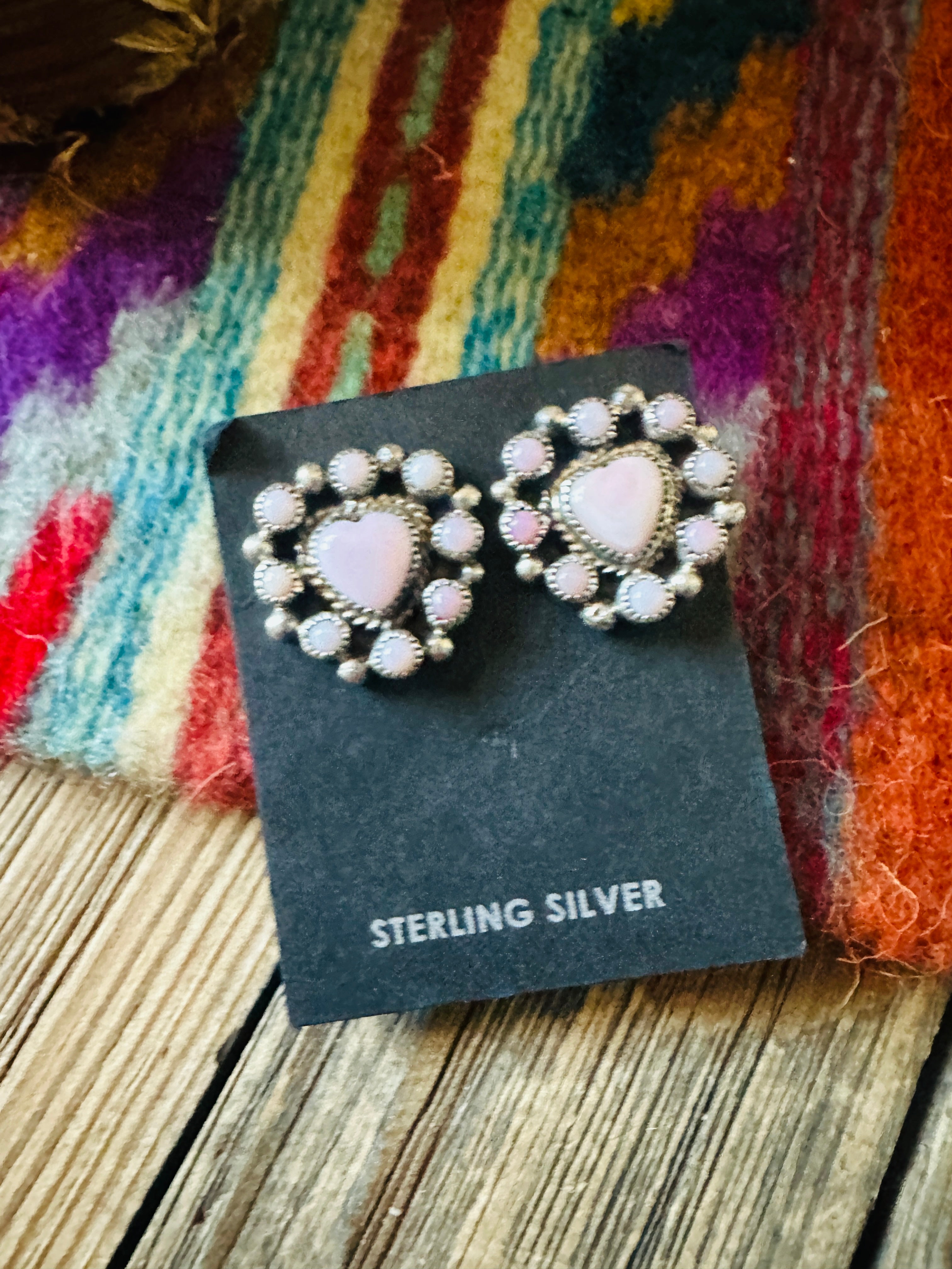 Handcrafted Queen Pink Conch & Sterling Silver Cluster Heart Post Earrings