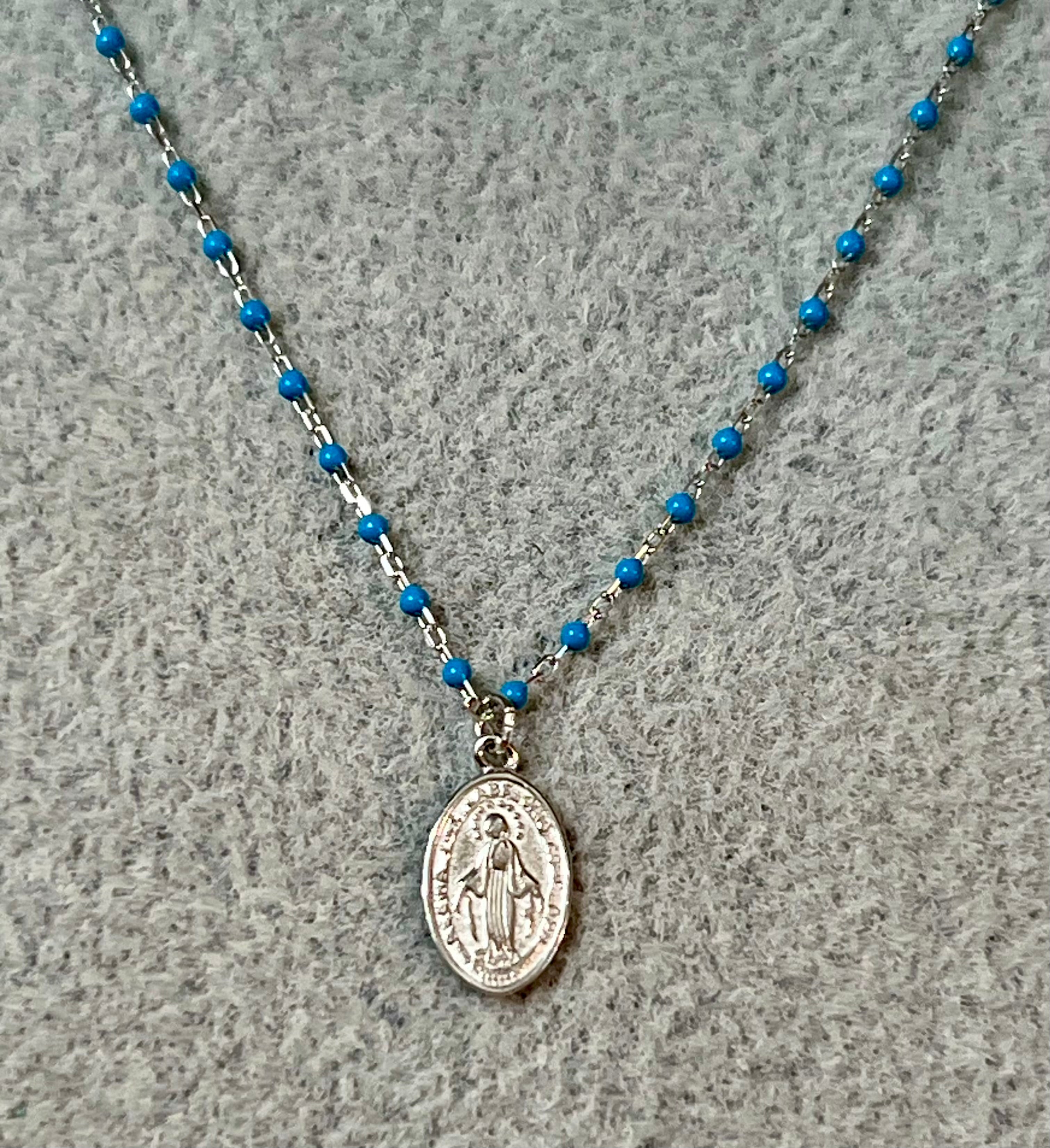 Turquoise Chip Saint Mary Pendant Sterling Silver Necklace