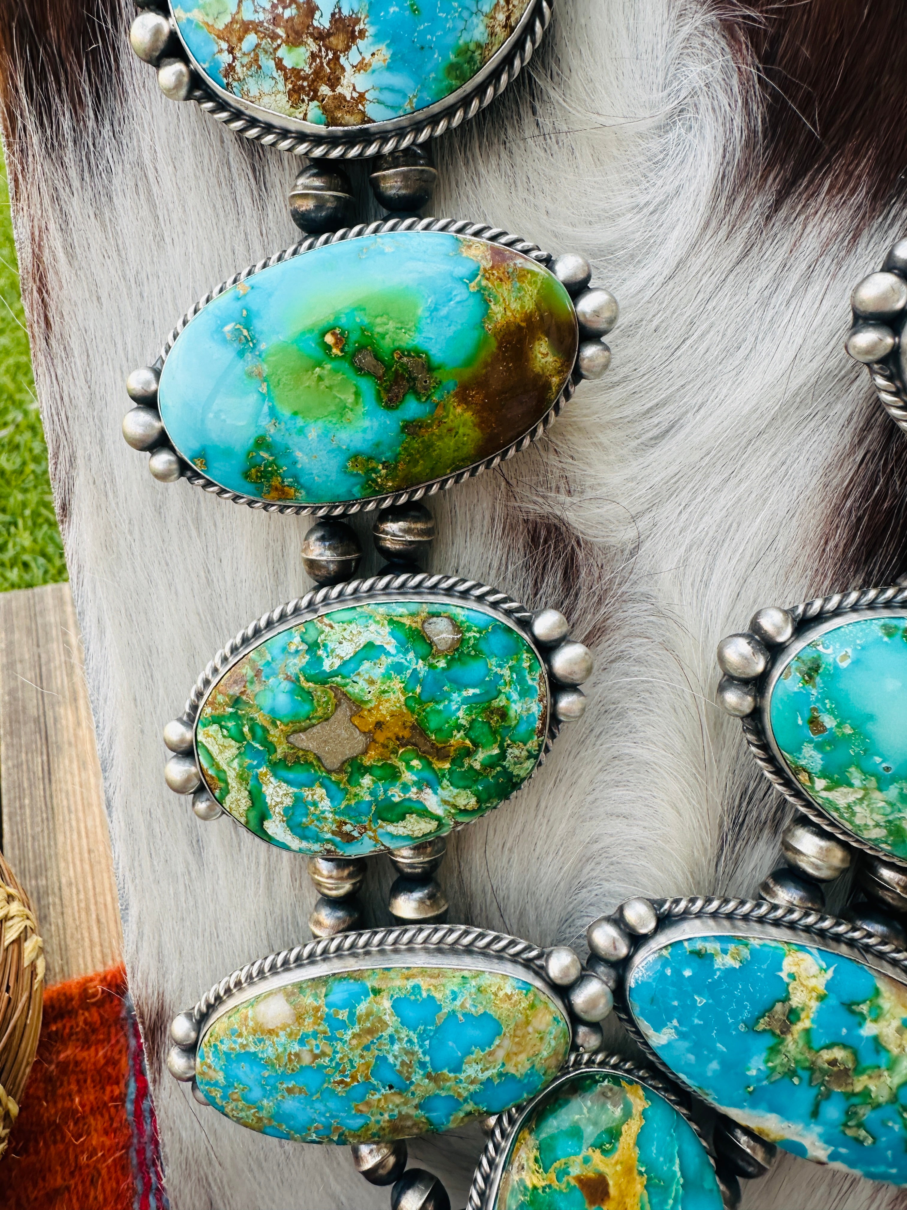 Handcrafted Sonoran Mountain Turquoise & Sterling Silver Squash Blossom Necklace and Earring Set
