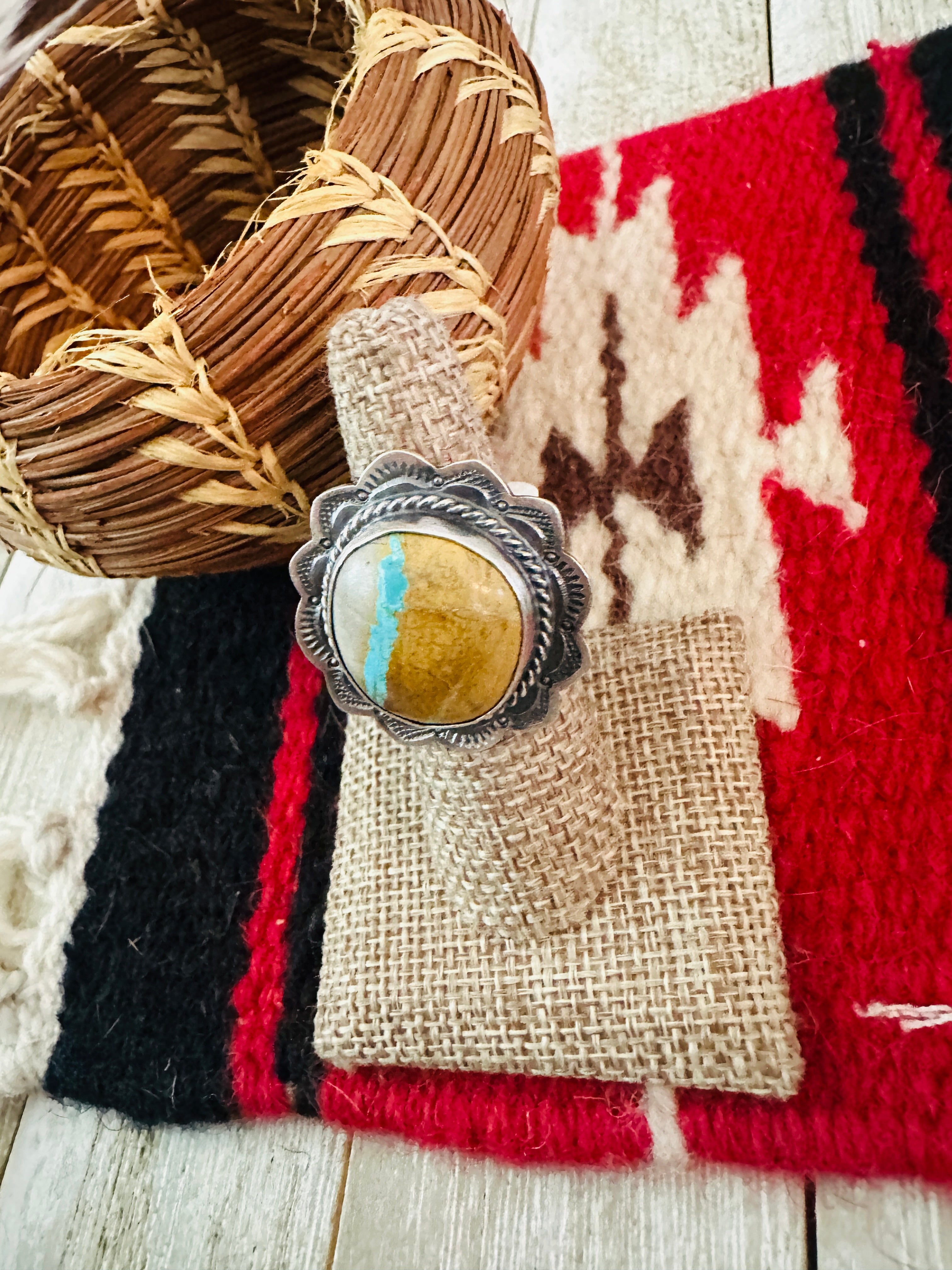 Handcrafted Ribbon Turquoise & Sterling Silver Ring Size 6.5