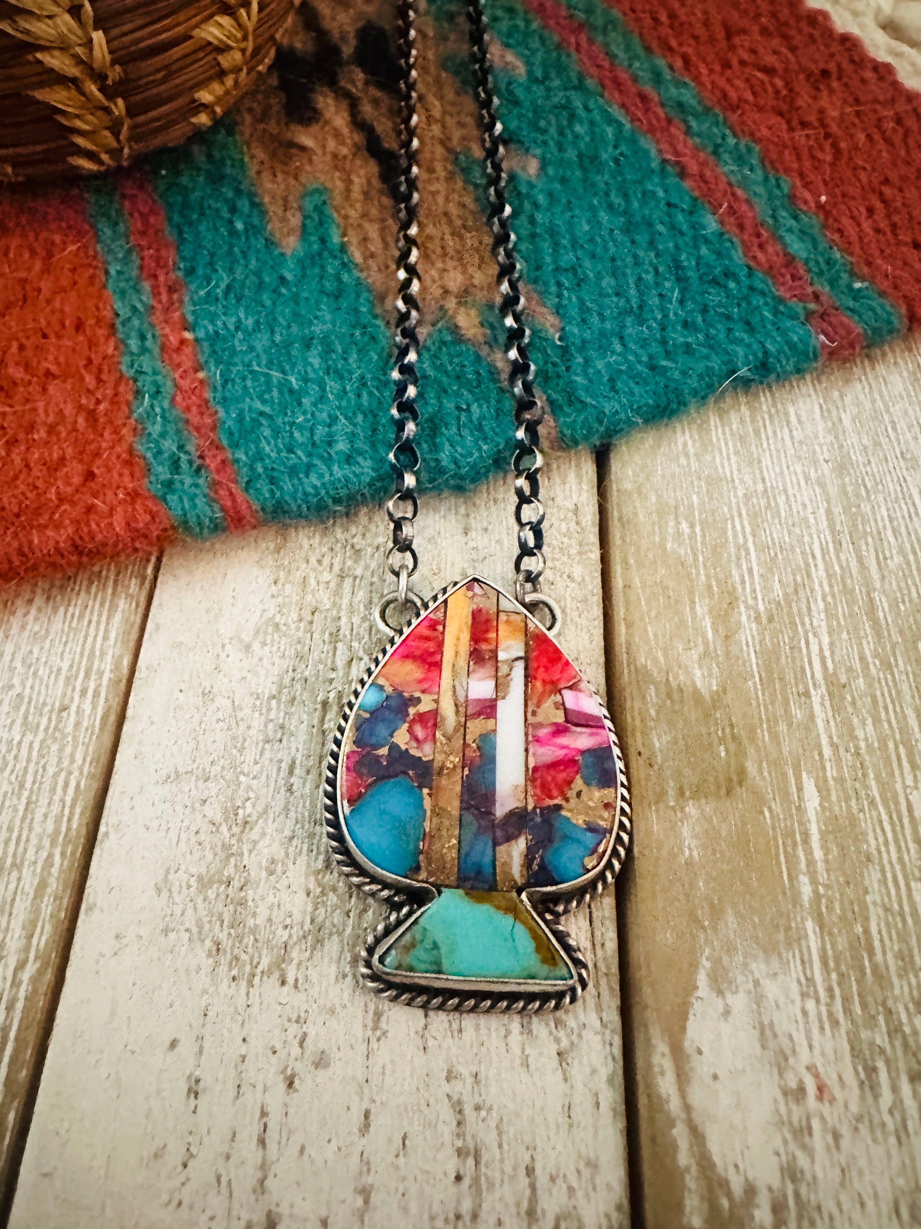 Navajo Sterling Silver & Multi Stone Inlay Spade Necklace