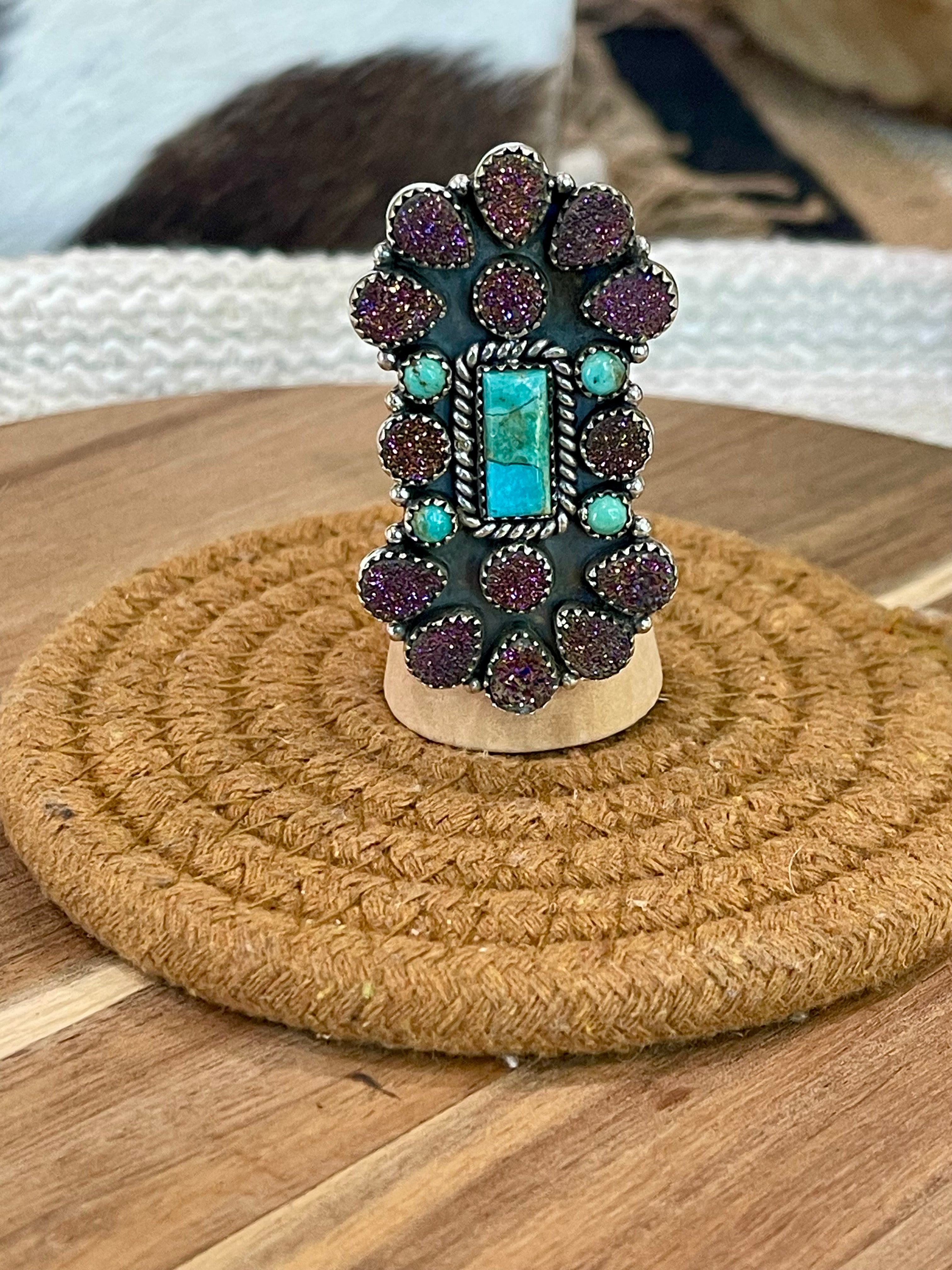 Handcrafted Sterling Silver, Kingman Turquoise & Druzy Adjustable Cluster Ring