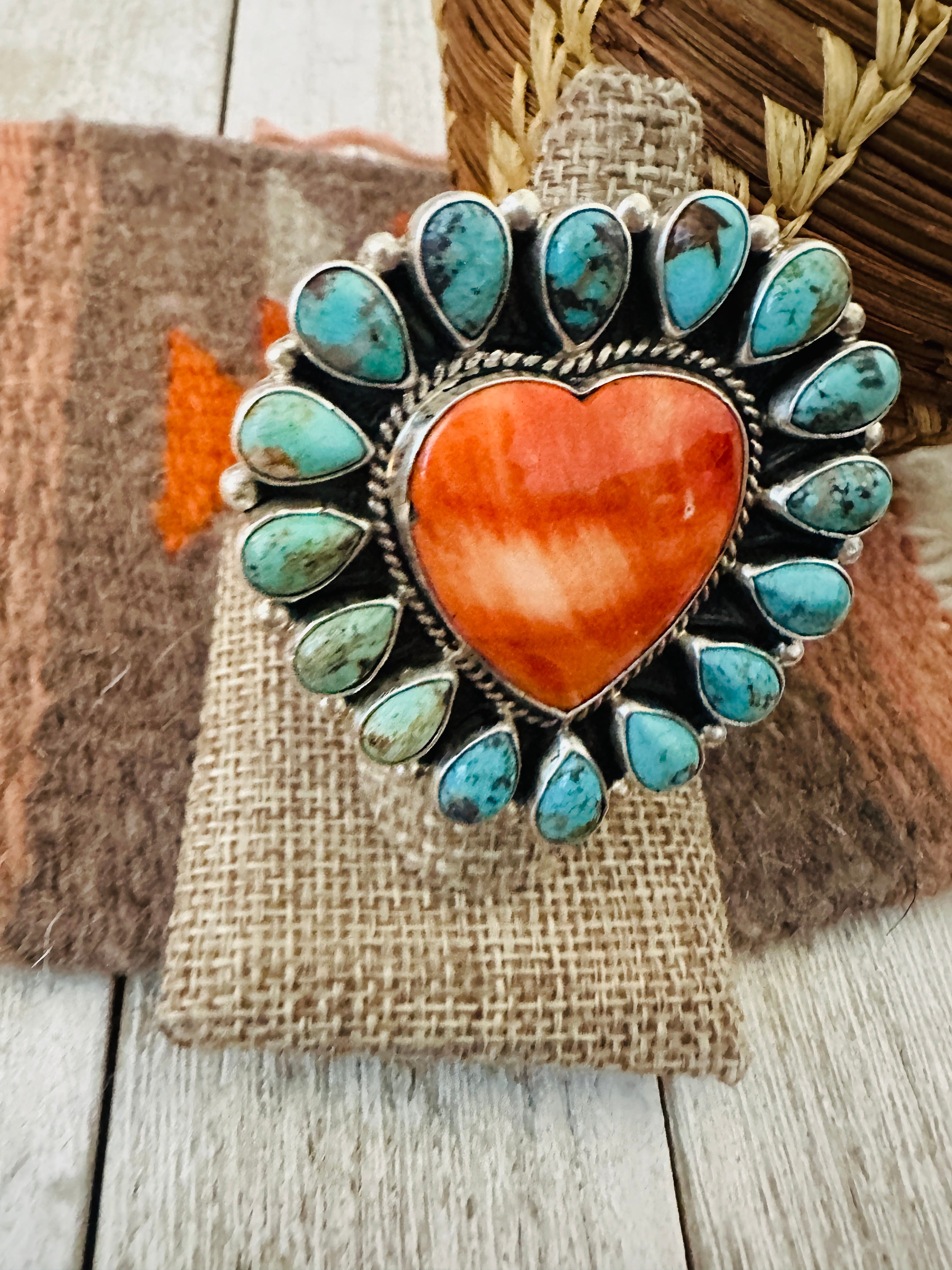 Handcrafted Sterling Silver, Spiny & Turquoise Cluster Adjustable Heart Ring