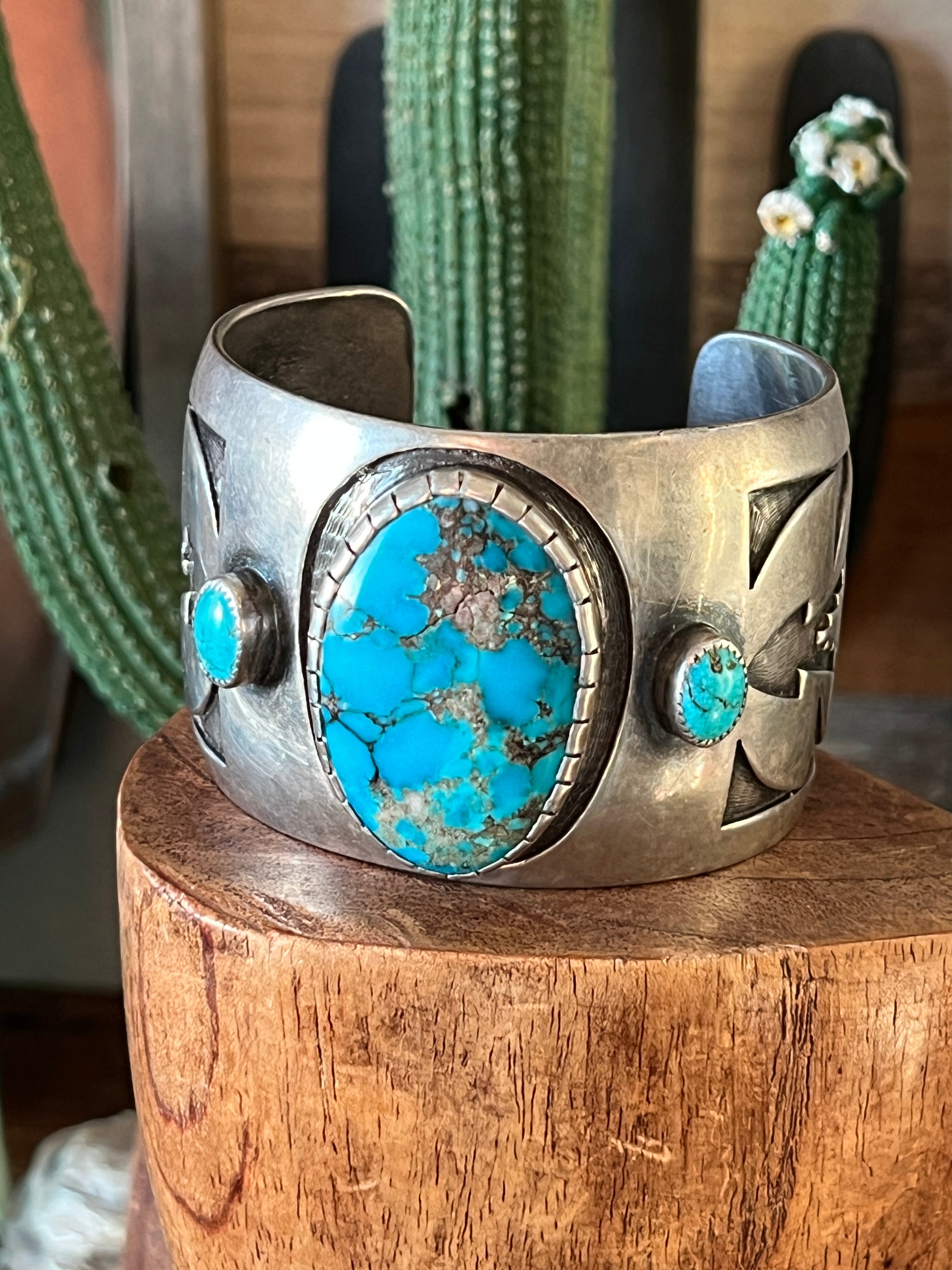 Vintage Old Pawn Sterling Silver and Morenci Turquoise Overlay Cuff Bracelet, Unsigned