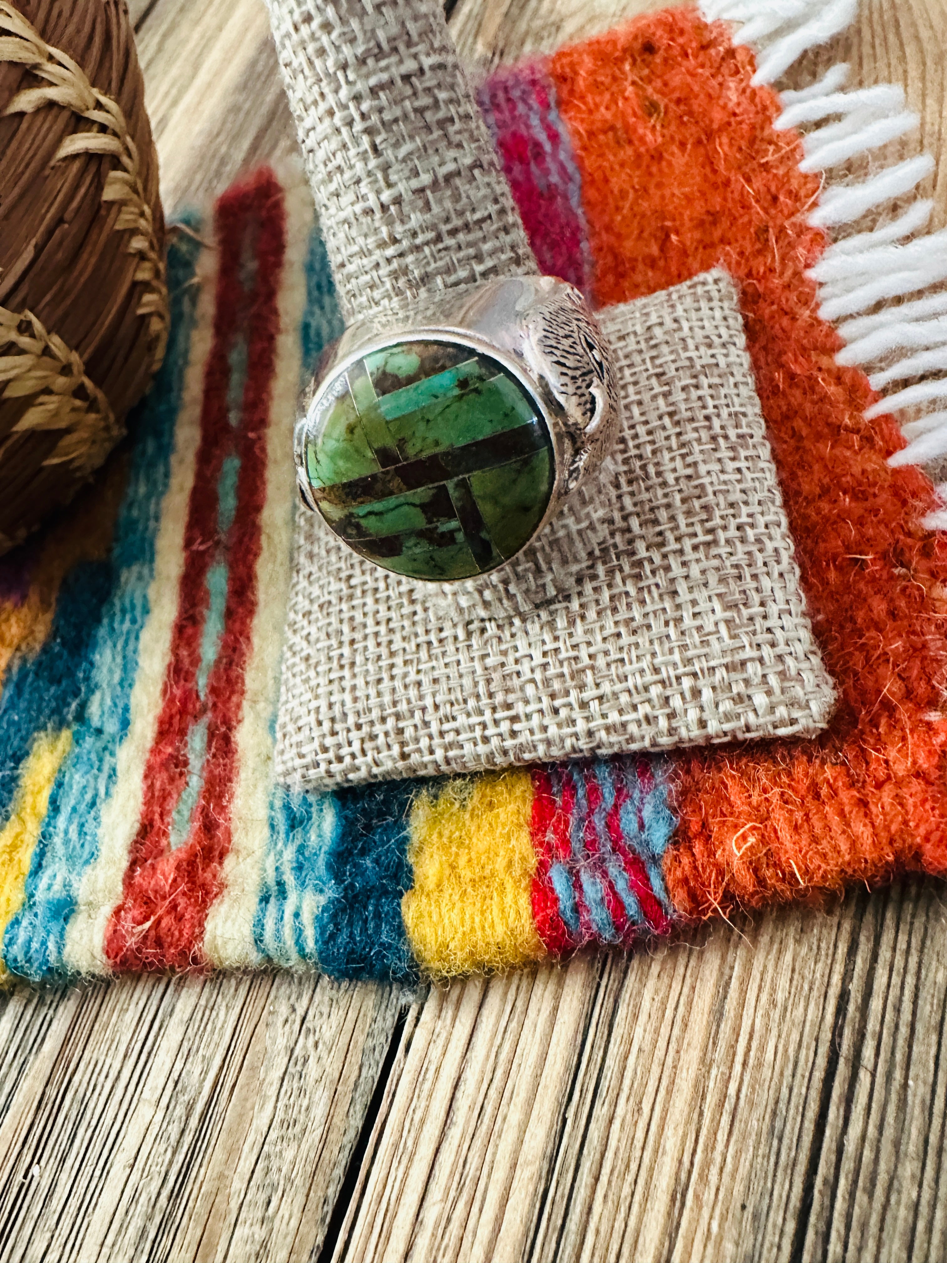 Handcrafted Sterling Silver & Turquoise Inlay Ring Size 12.5
