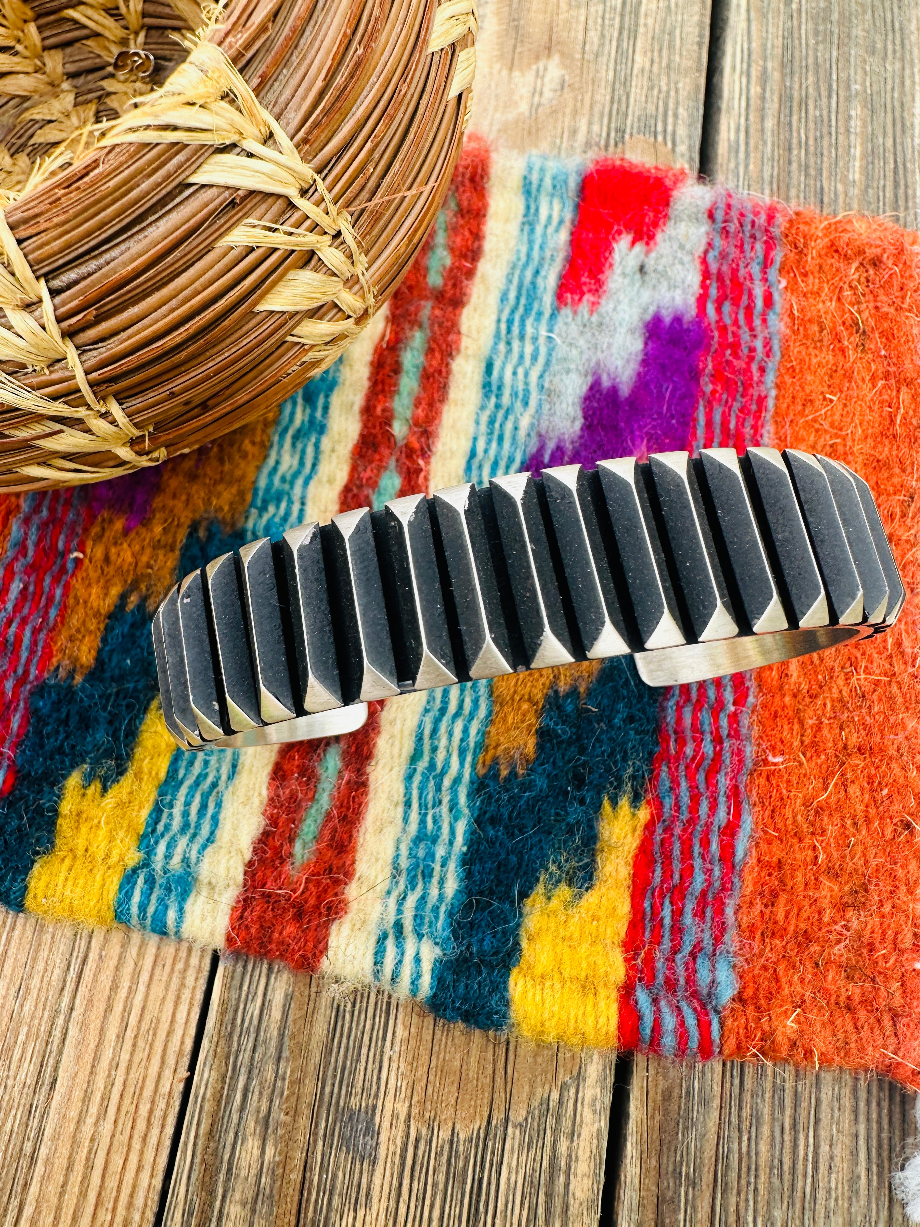 Hand Stamped Sterling Silver Cuff Bracelet by Leander Tahe