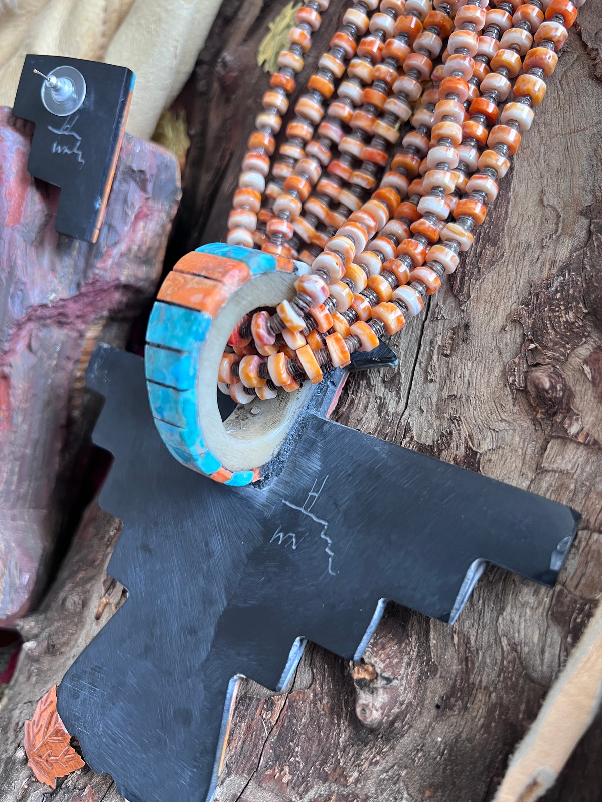 Warren Nieto Inlay Turquoise and Spiny Oyster Thunderbird Necklace & Earrings Set