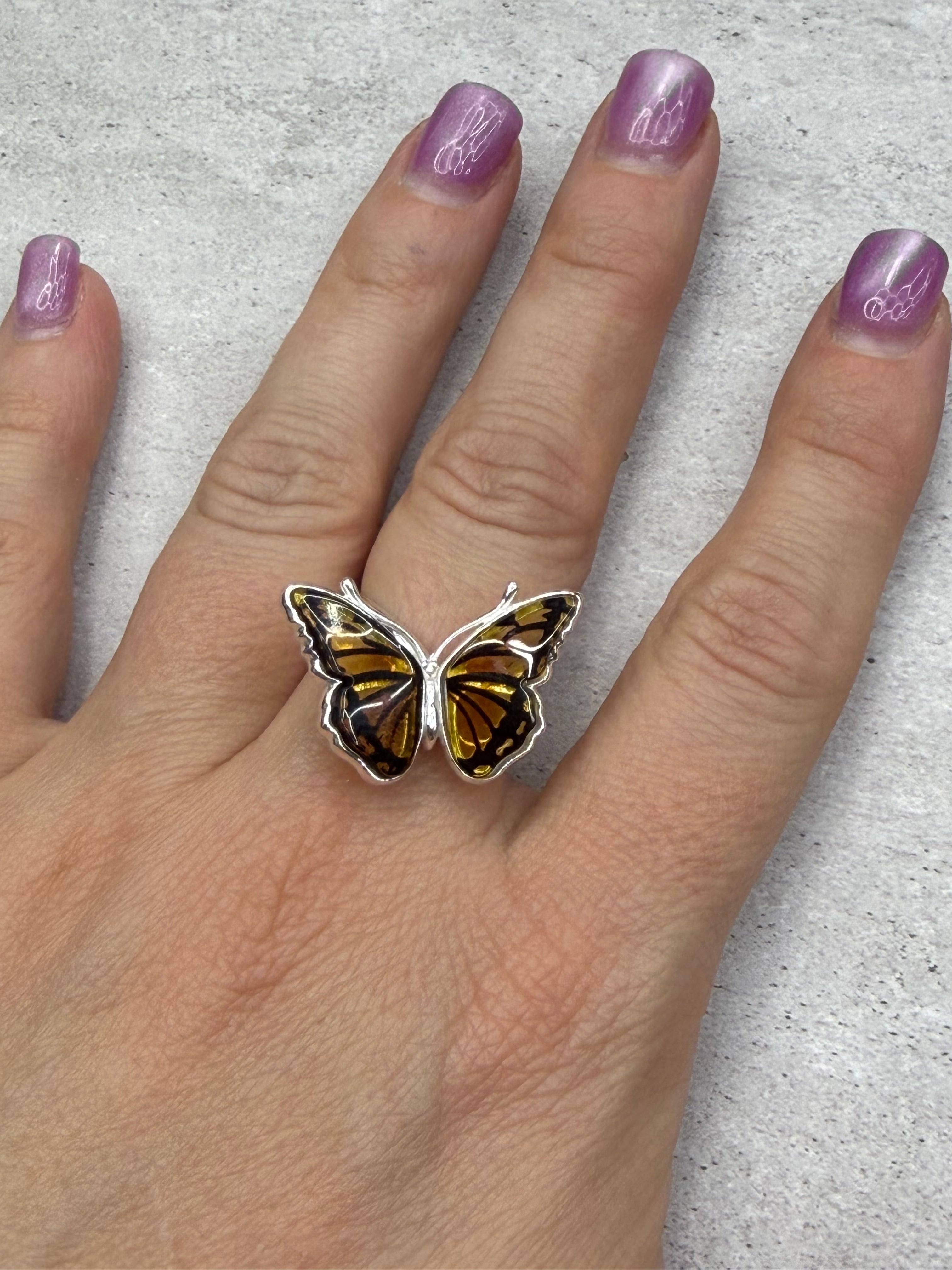 Sterling Silver Handmade Amber Butterfly Adjustable Ring
