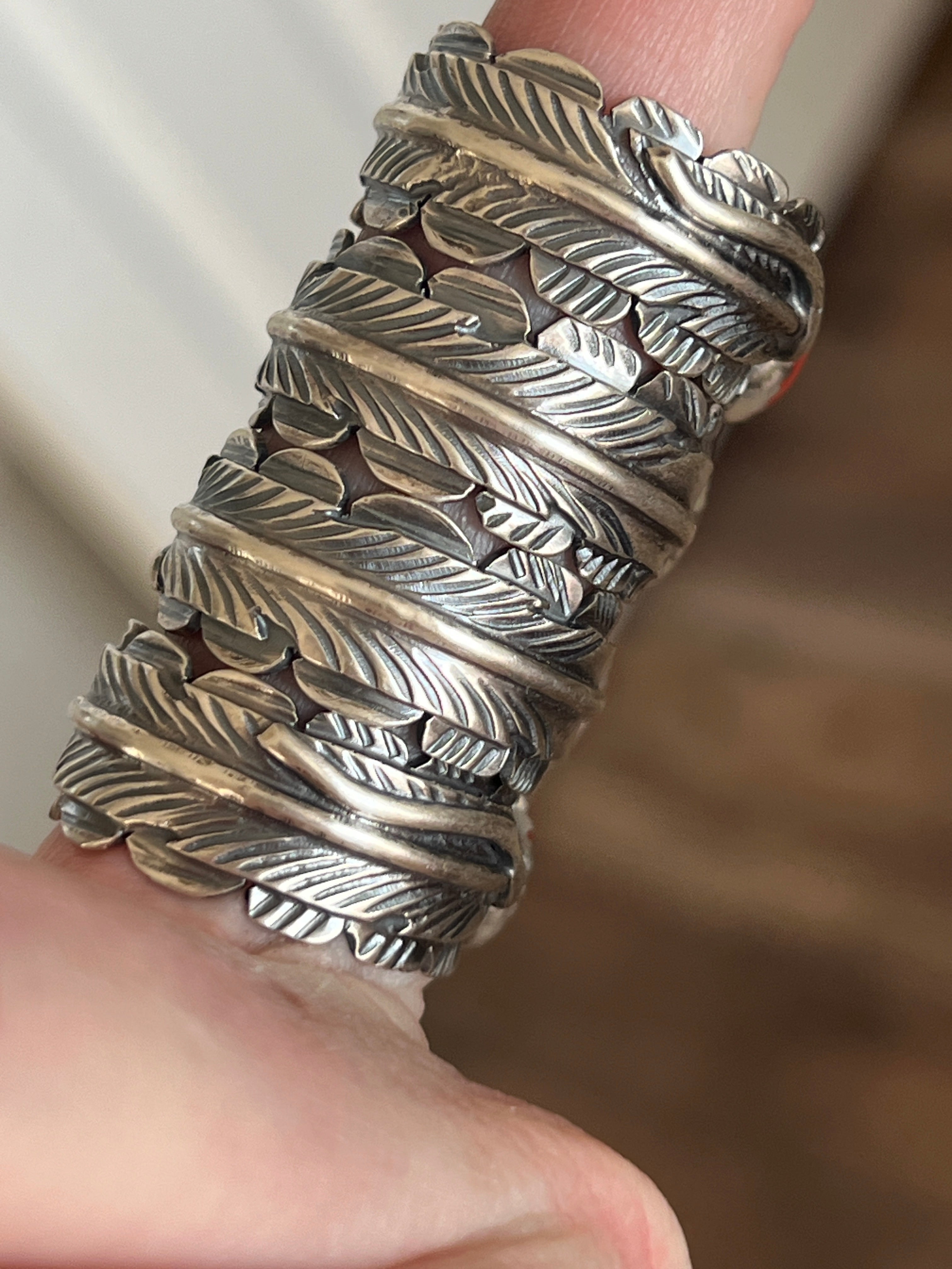 Handcrafted Sterling Silver Stout Feather Rings with Mediterranean Coral, Signed KM