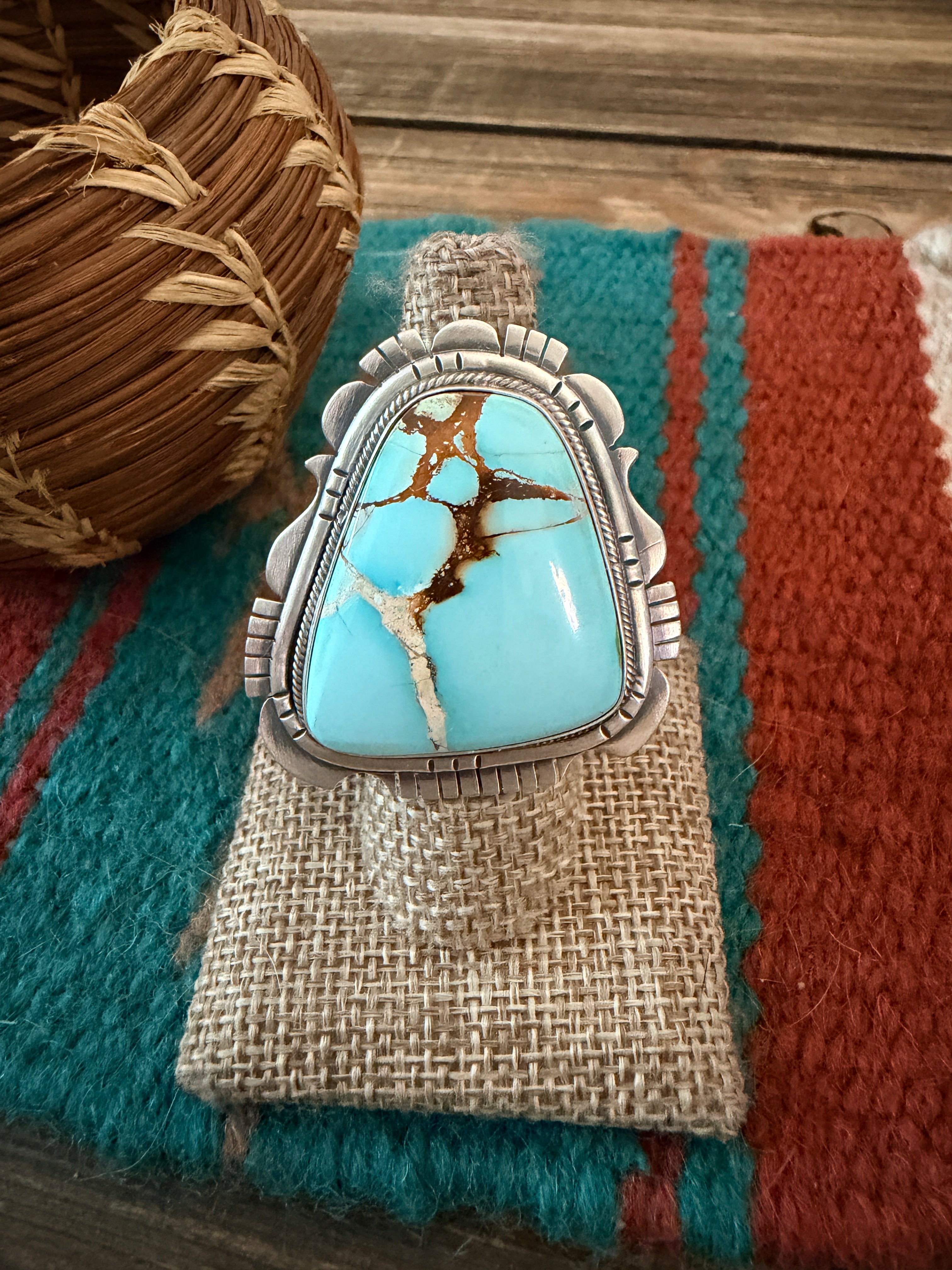 Handcrafted Golden Hills Turquoise & Sterling Silver Ring Size 8 by Daniel Benally