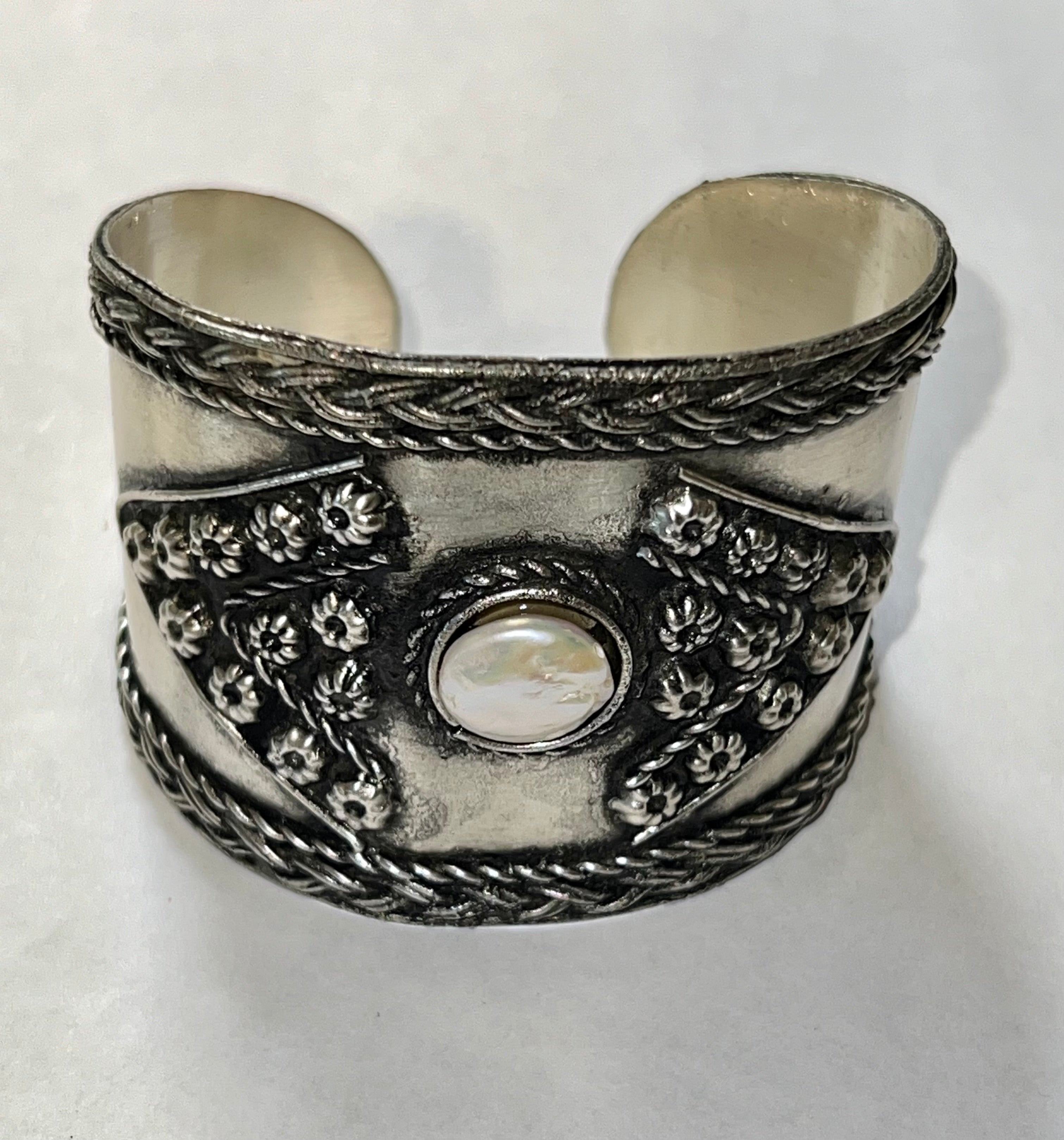 Silver-Plated Brass Pearl Cuff Bracelet