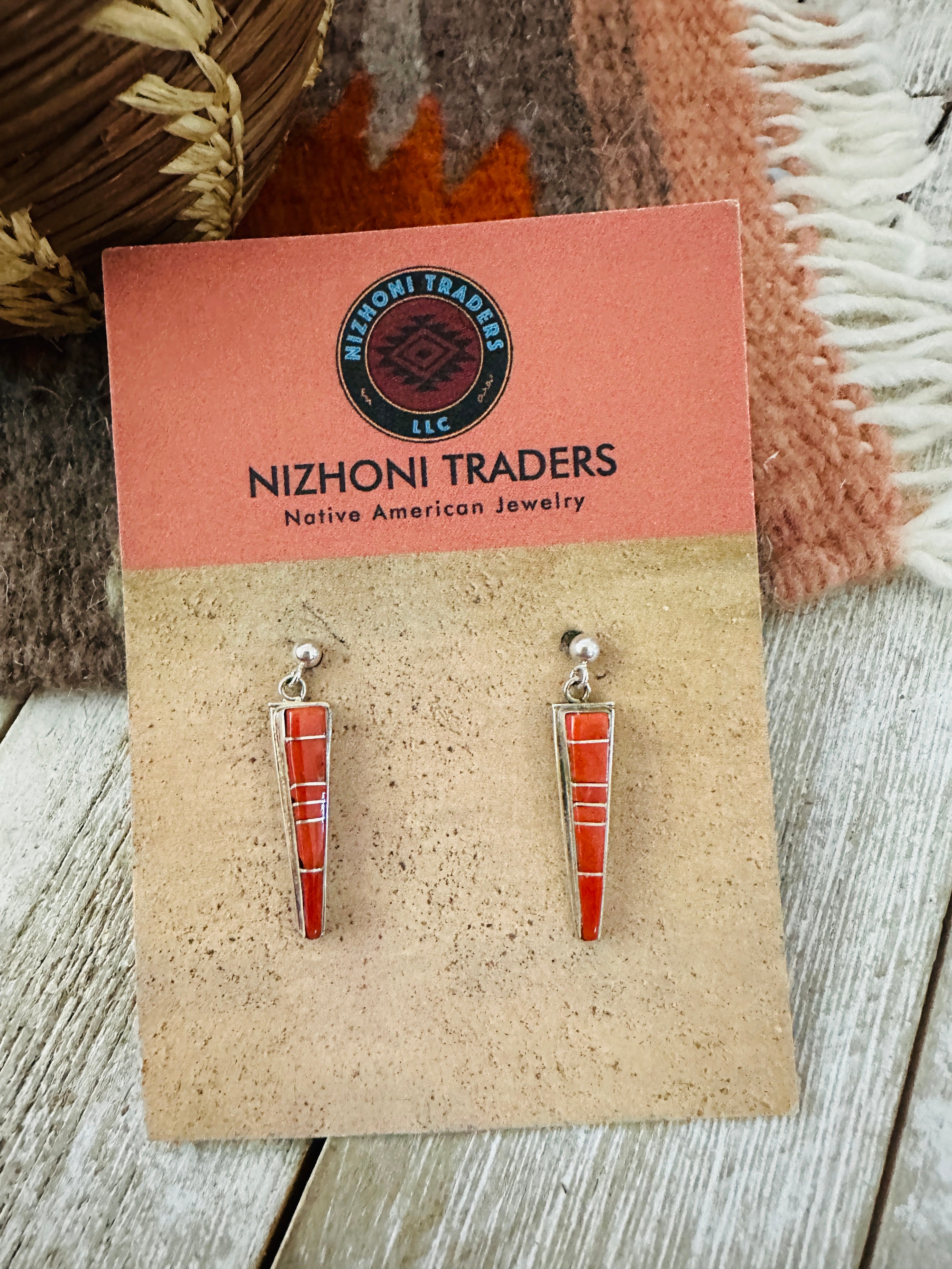 Handcrafted Sterling Silver & Coral Inlay Dangle Earrings