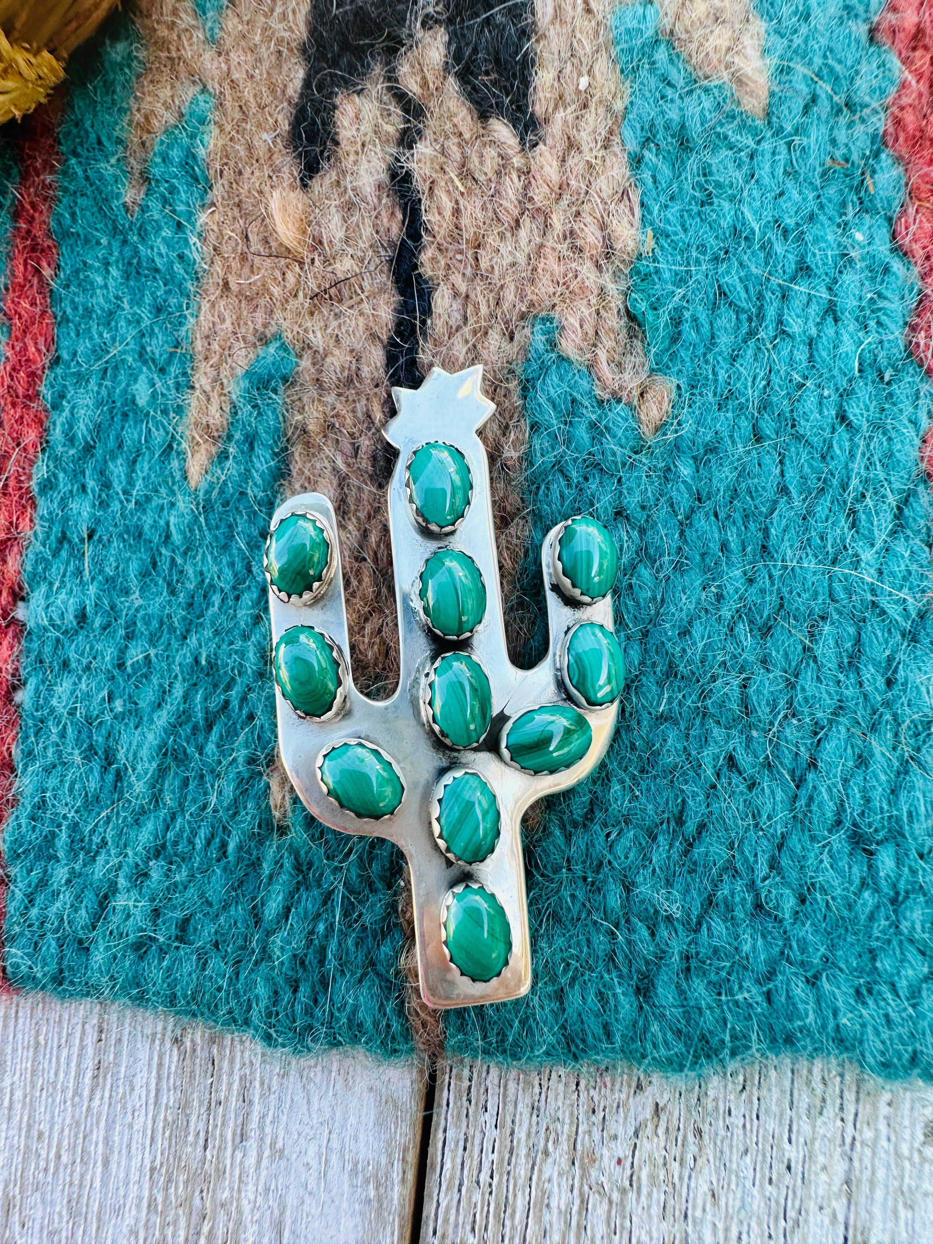 Handcrafted Sterling Silver & Malachite Cactus Brooch by Ella Peter