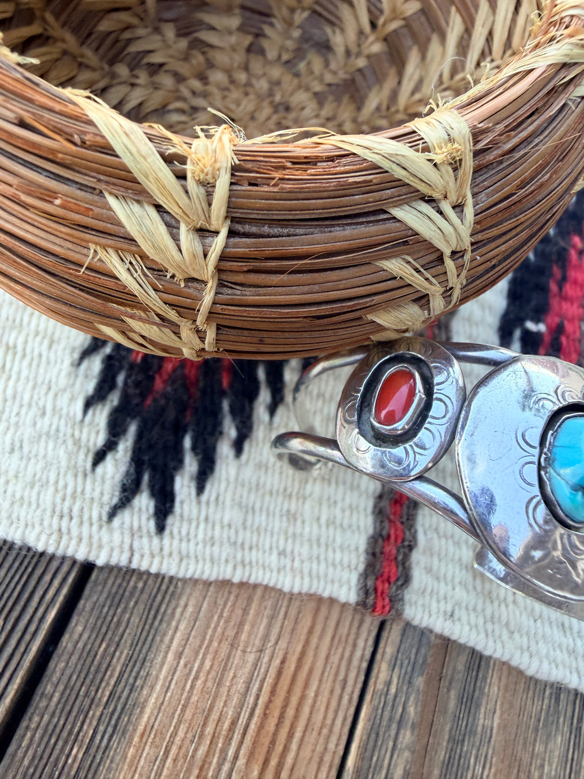 Handcrafted Old Pawn Sterling Silver, Turquoise & Coral Cuff Bracelet