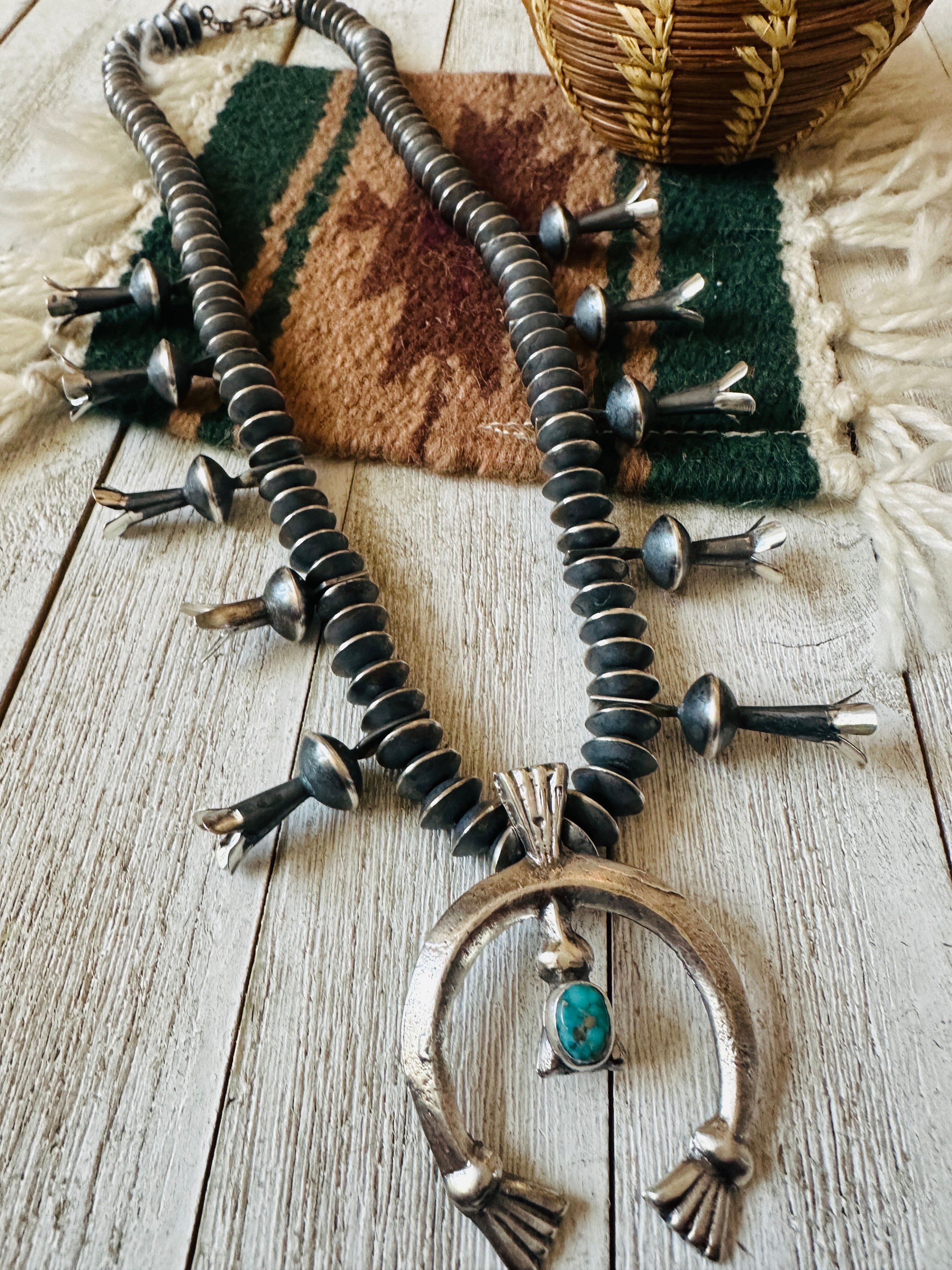 Handcrafted Turquoise & Sterling Silver Squash Blossom Necklace