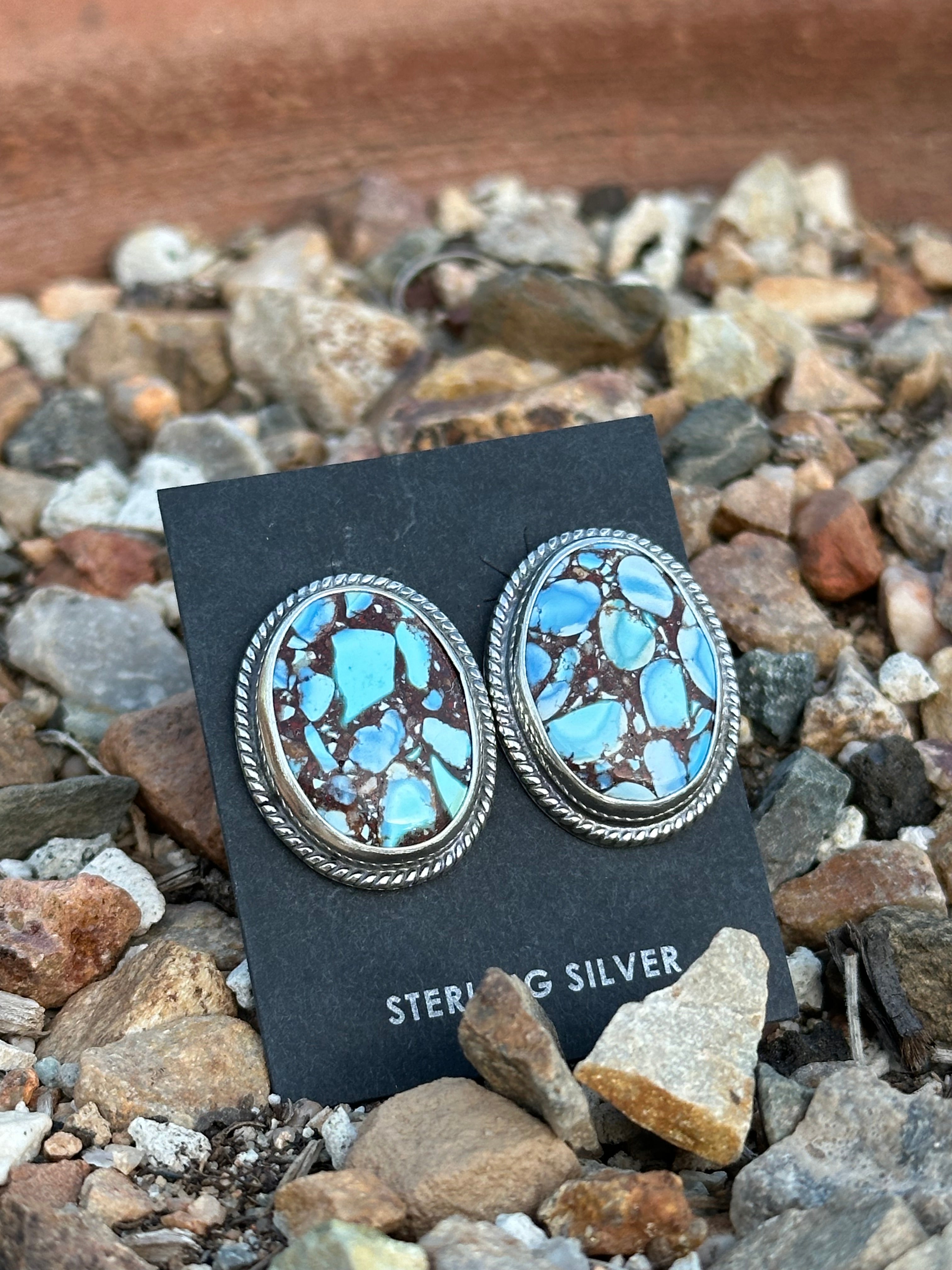 Sterling Silver & Golden Hills Turquoise Post Earrings Signed