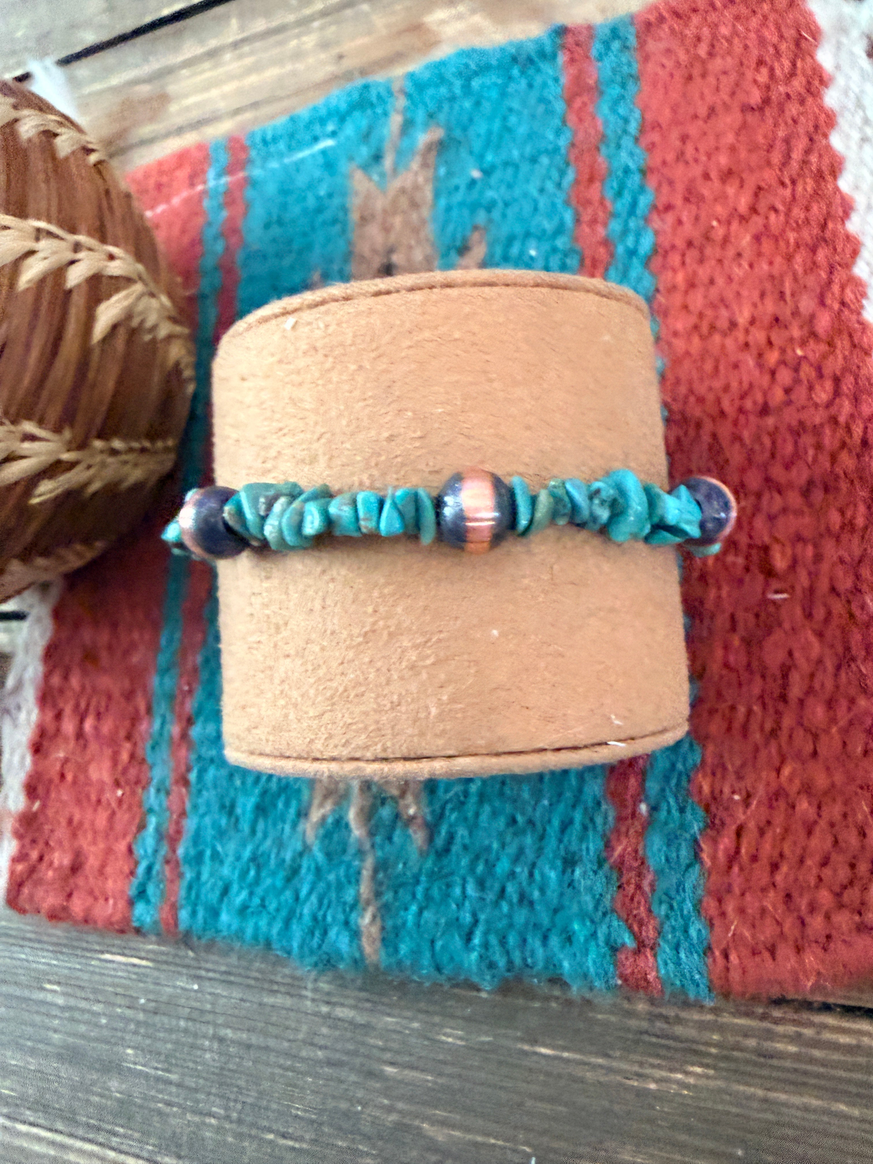 Handcrafted Turquoise & Copper Beaded Bracelet 7.5”