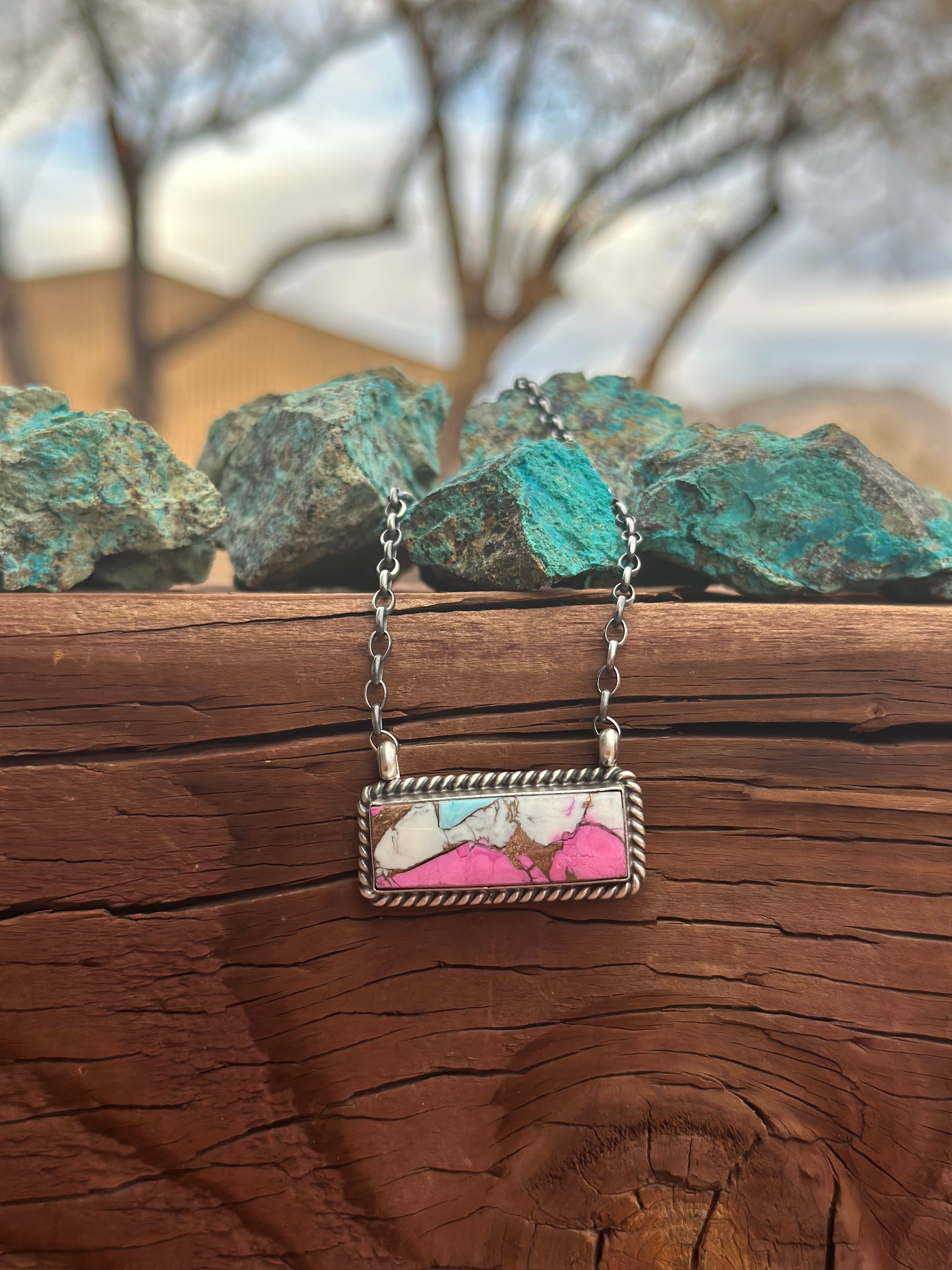 Handcrafted Cotton Candy Sterling Silver Handmade Bar Necklace