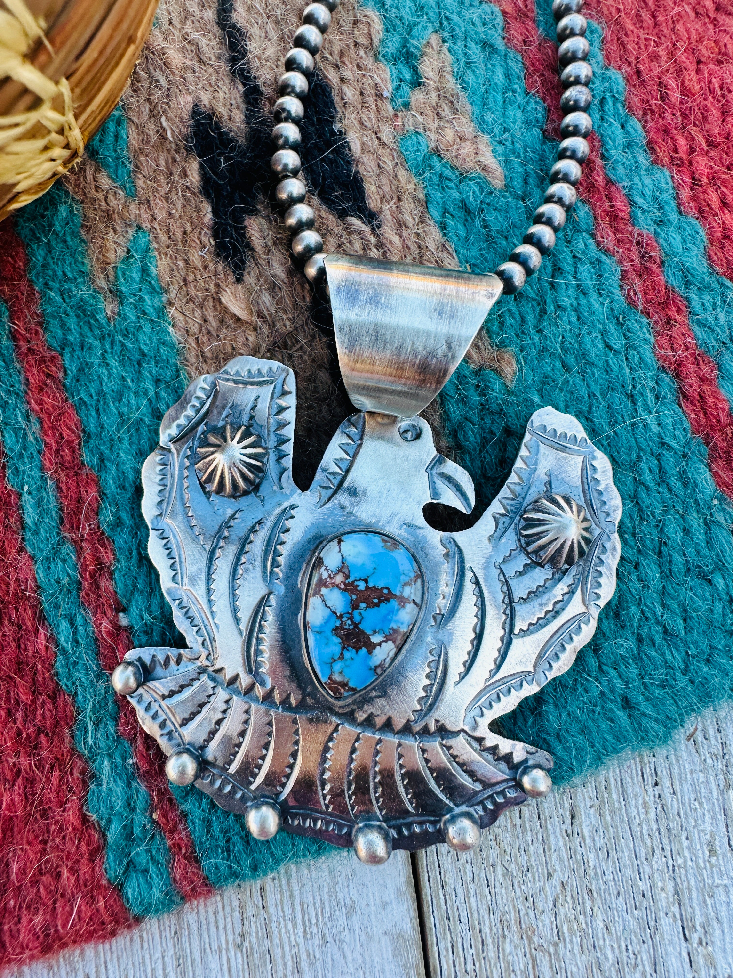 Handcrafted Sterling Silver & Golden Hills Turquoise Thunderbird Pendant by Chimney Butte