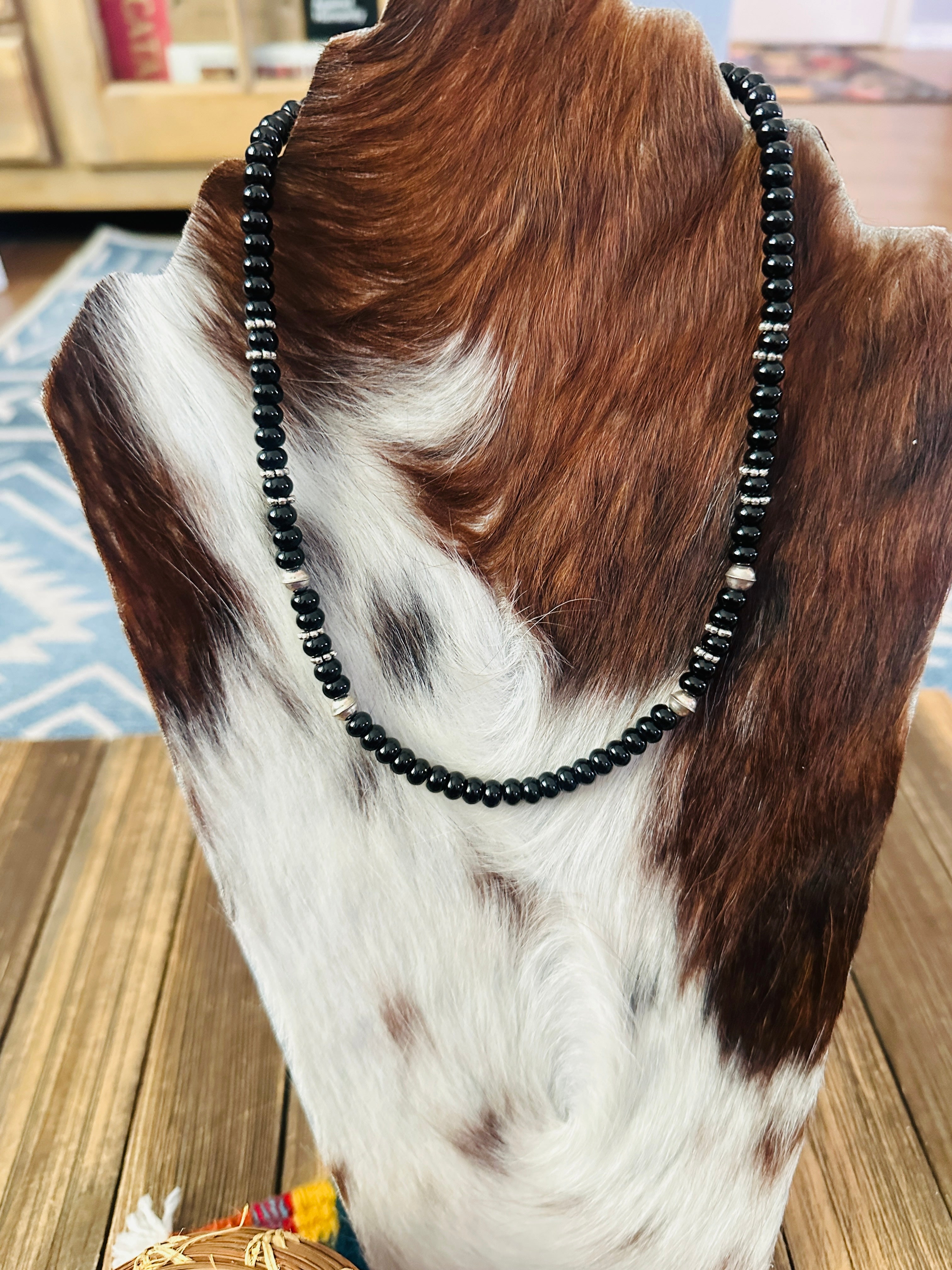 Handcrafted Black Onyx & Sterling Silver Beaded 18” Necklace by T & R Singer