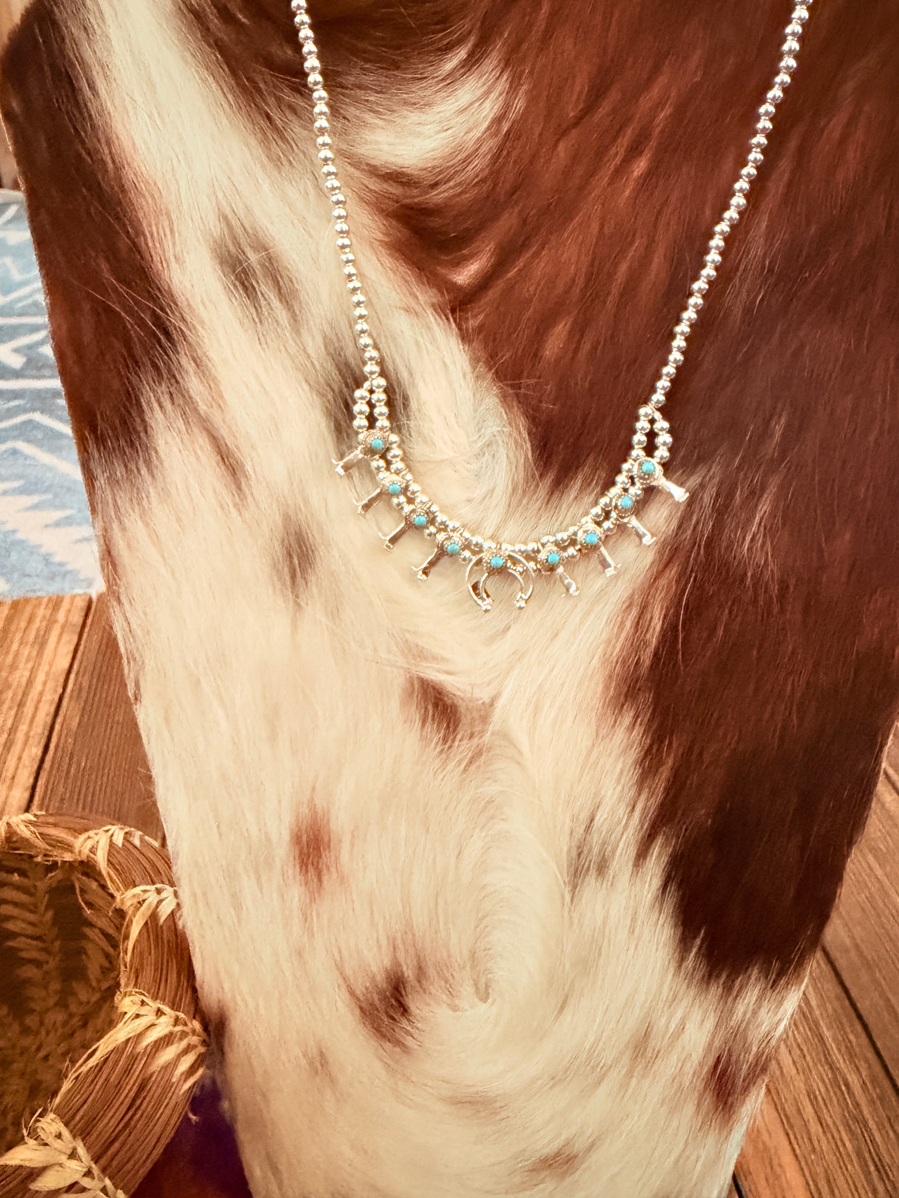 Handcrafted Turquoise & Sterling Silver Beaded Mini Squash Blossom Necklace