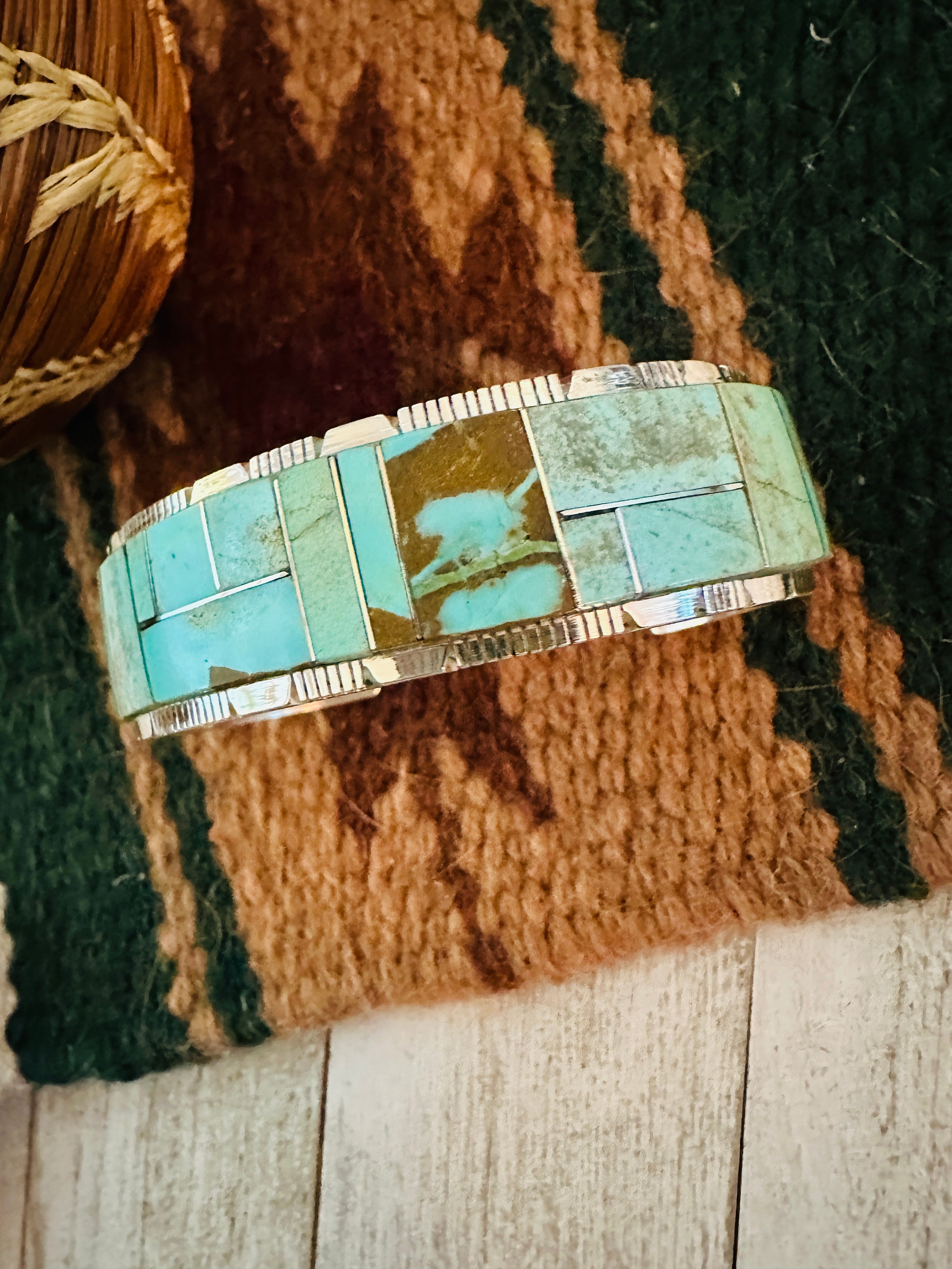 Navajo Number 8 Turquoise & Sterling Silver Inlay Cuff Bracelet /