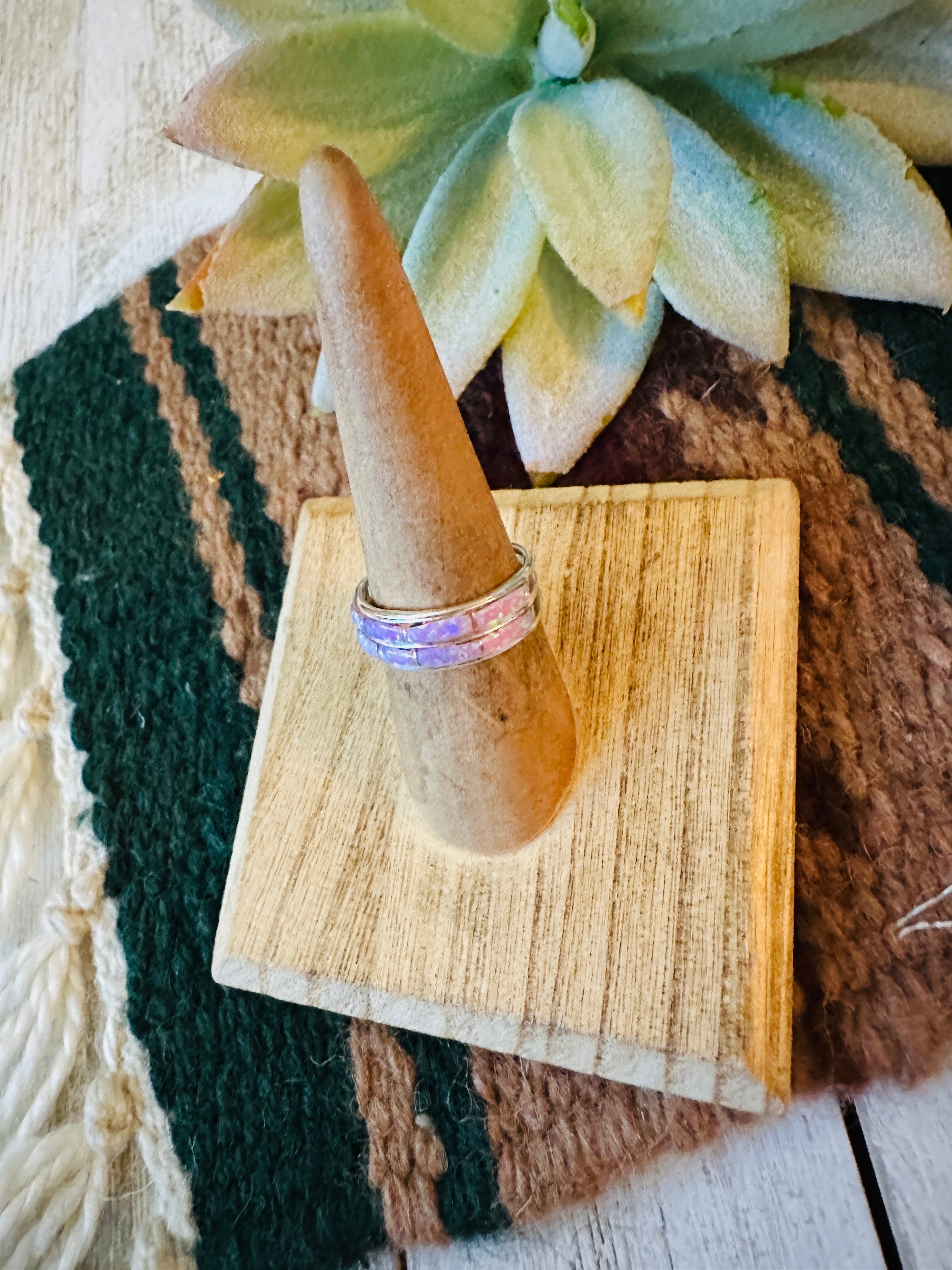 Handcrafted Light Pink Double Opal & Sterling Silver Inlay Band Ring