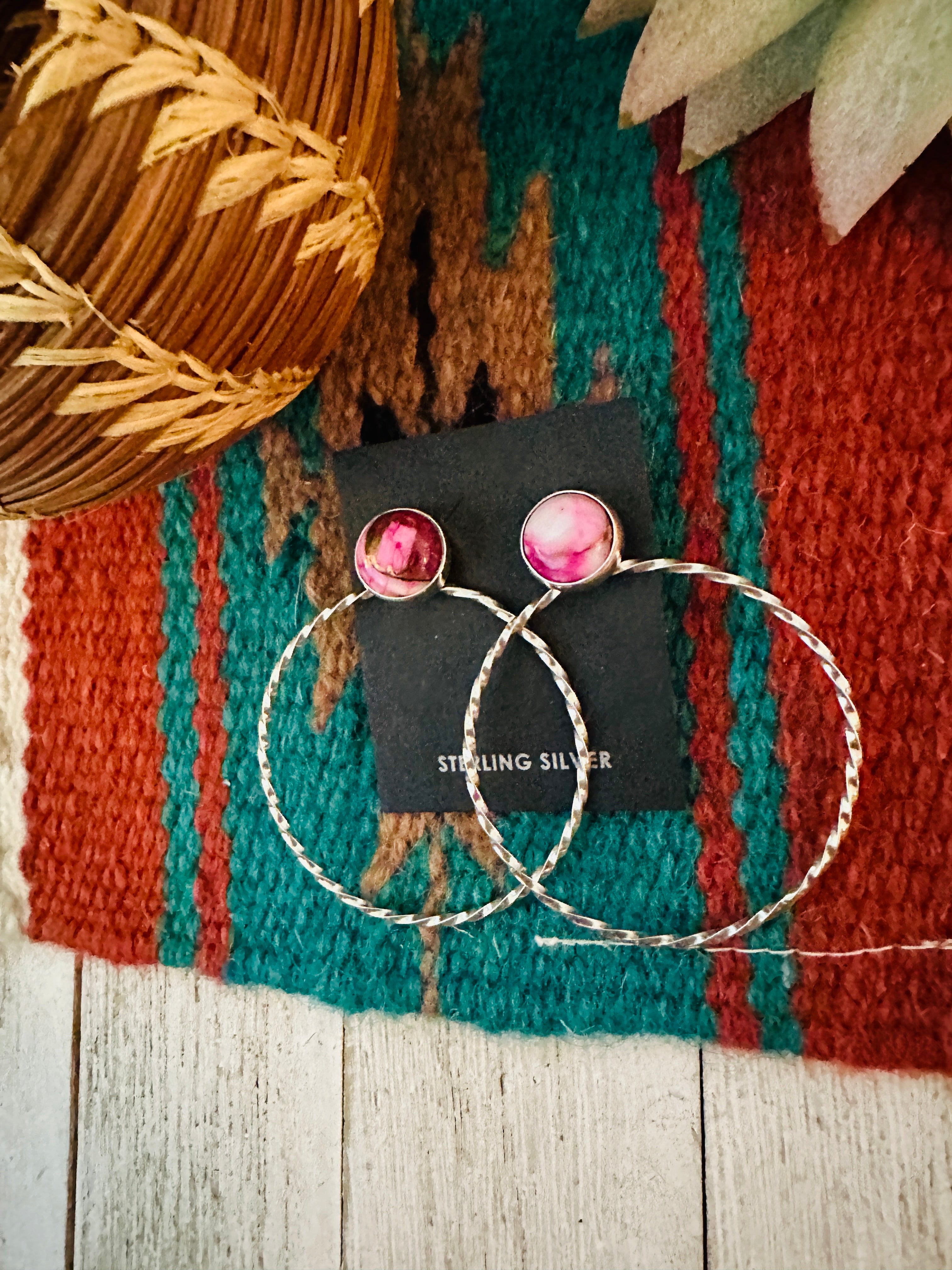Handcrafted Pink Mojave & Sterling Silver Dangle Hoop Earrings