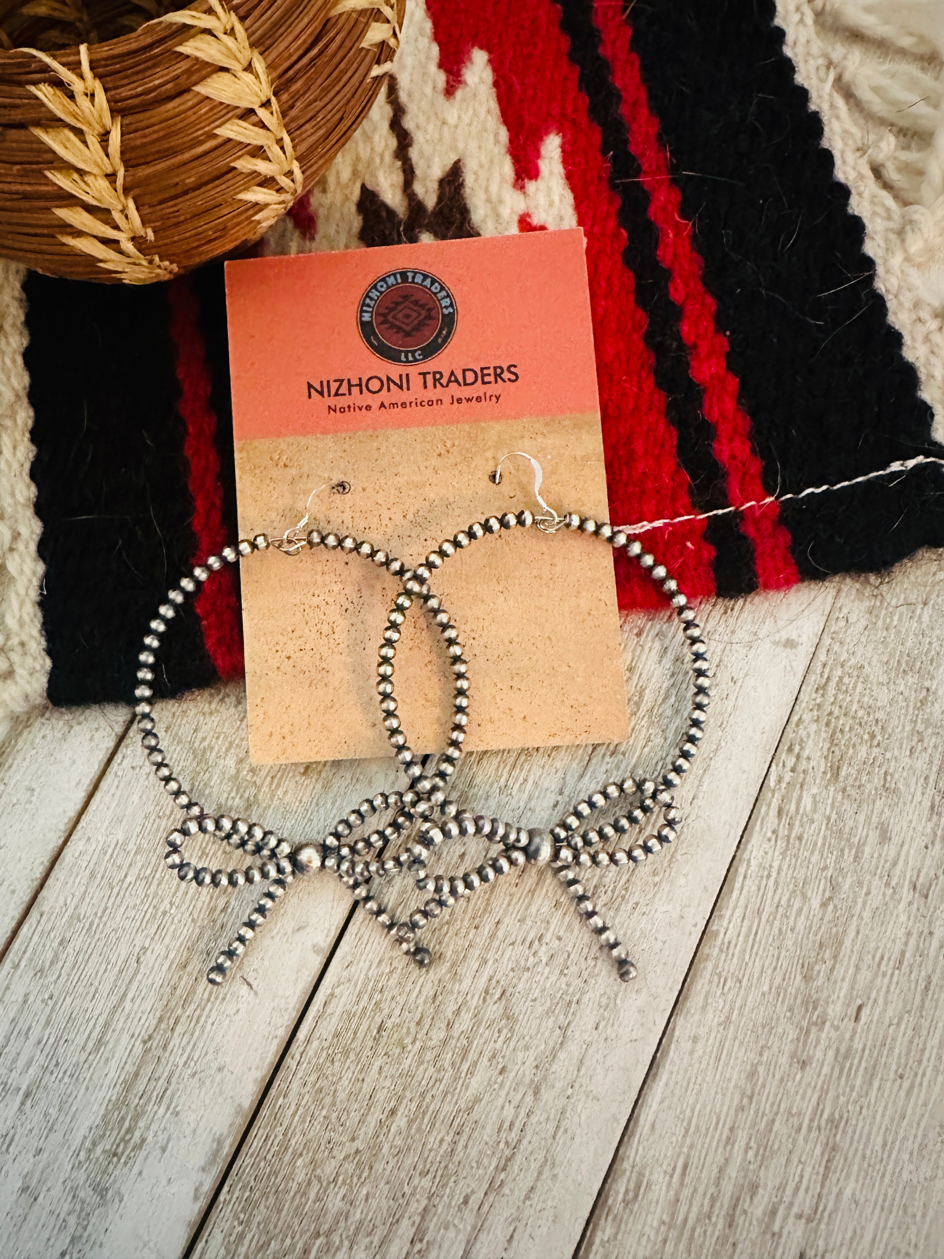 Handcrafted 3mm Sterling Silver Pearl Beaded Bow Dangle Hoop Earrings