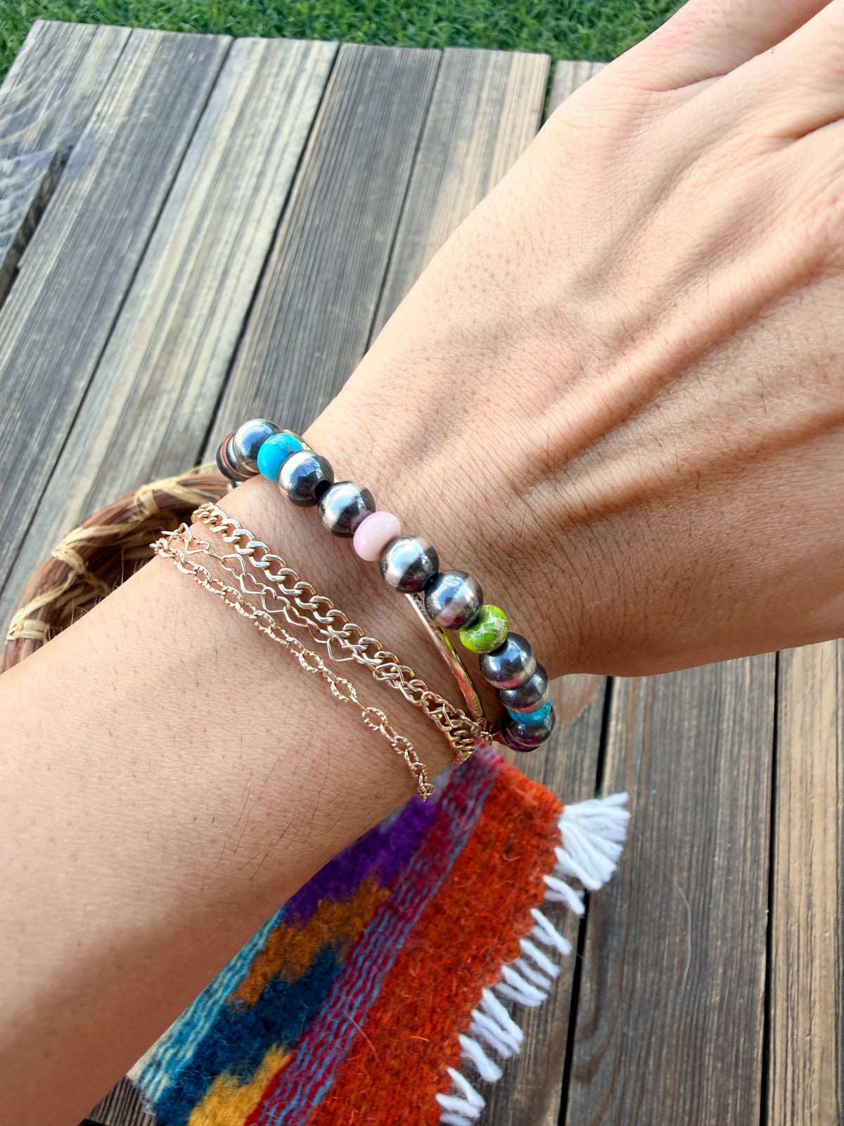 Handcrafted Multi Stone & Sterling Silver Beaded Stretch Bracelet