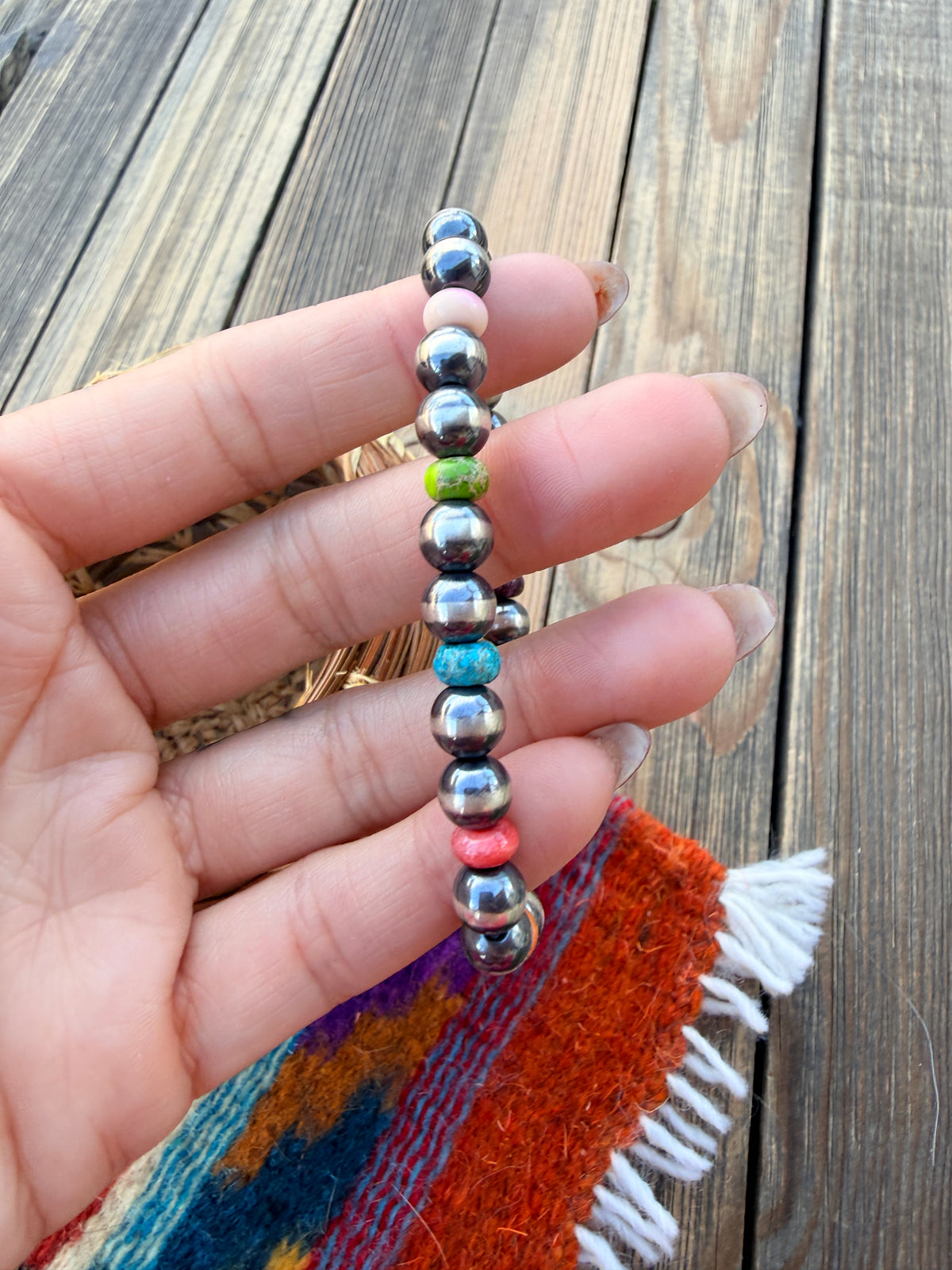 Handcrafted Multi Stone & Sterling Silver Beaded Stretch Bracelet