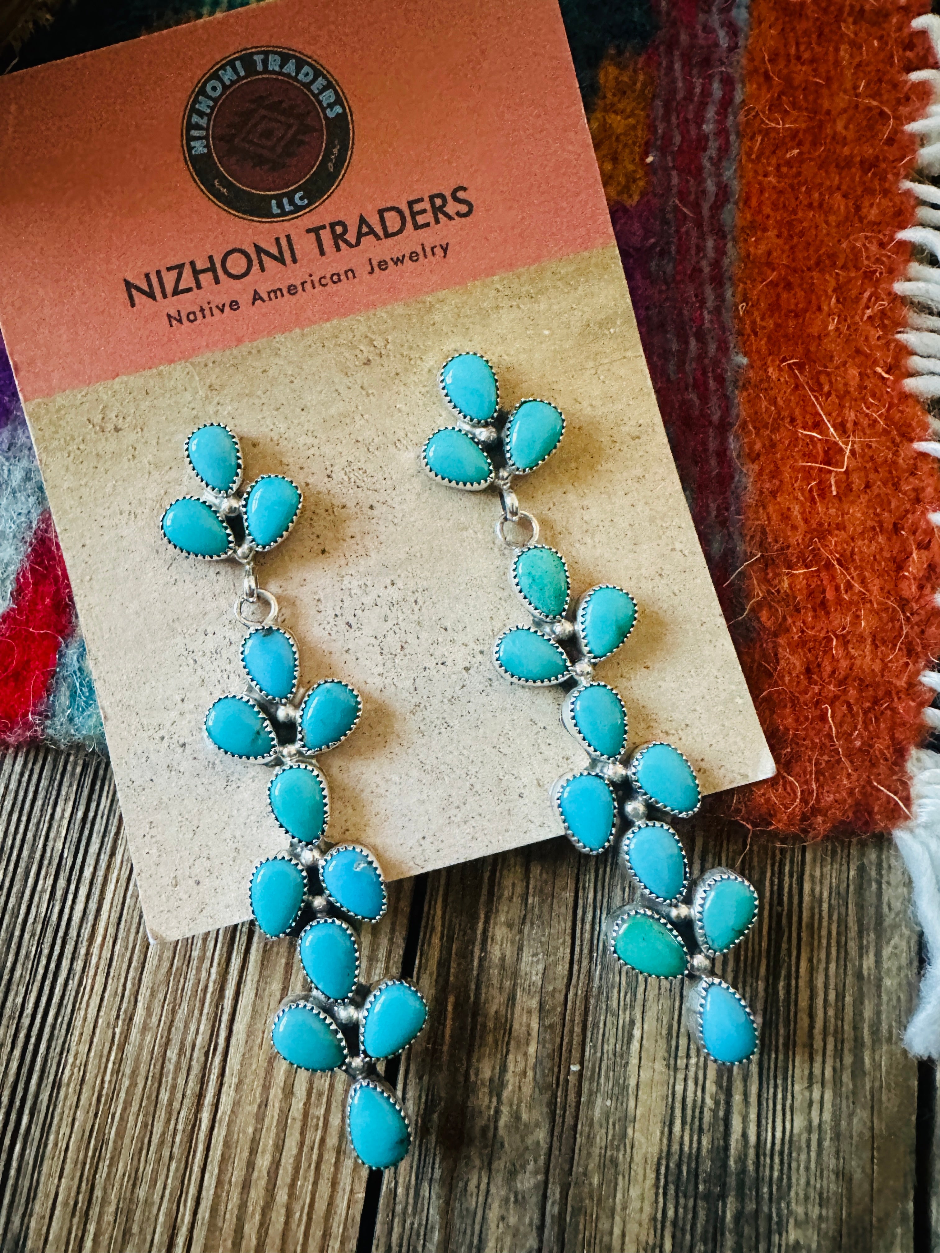 Handcrafted Turquoise & Sterling Silver Cluster Dangle Earrings