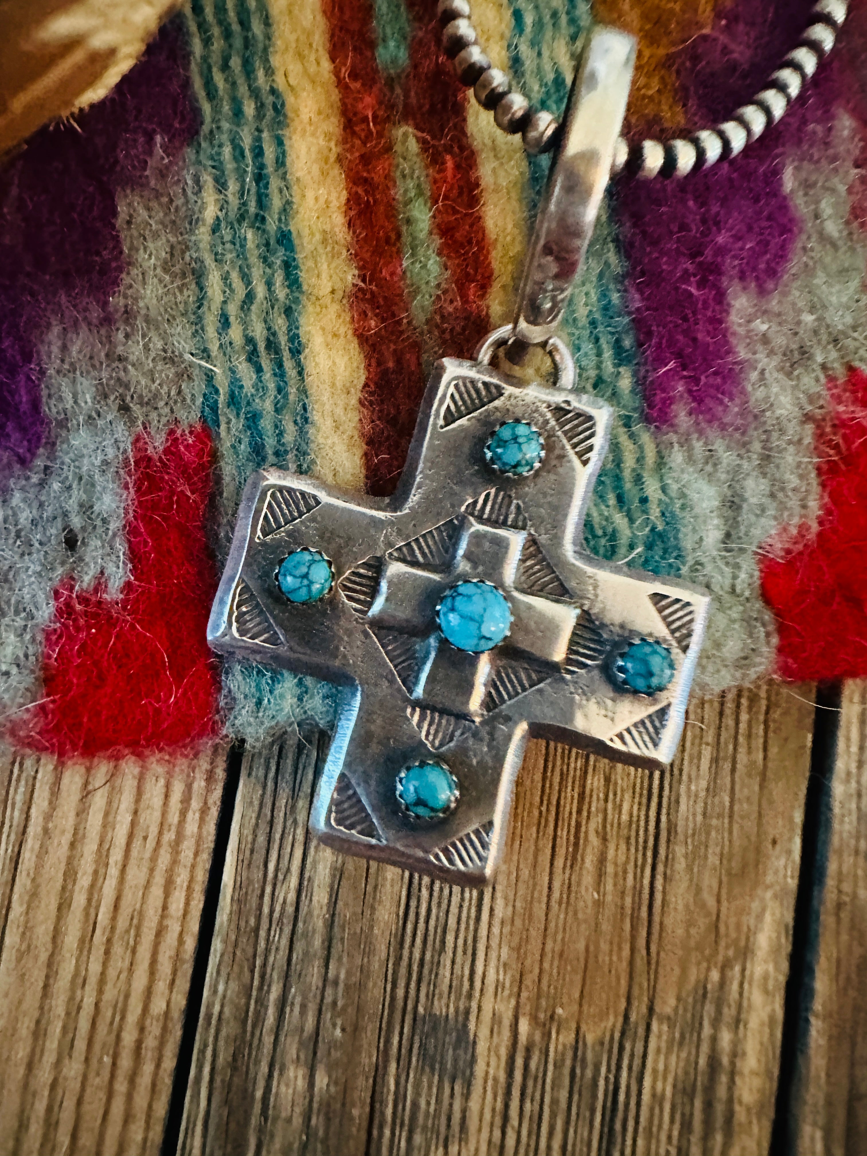 Handcrafted Coin Silver & Turquoise Cross Pendant by Buffalo Dancer