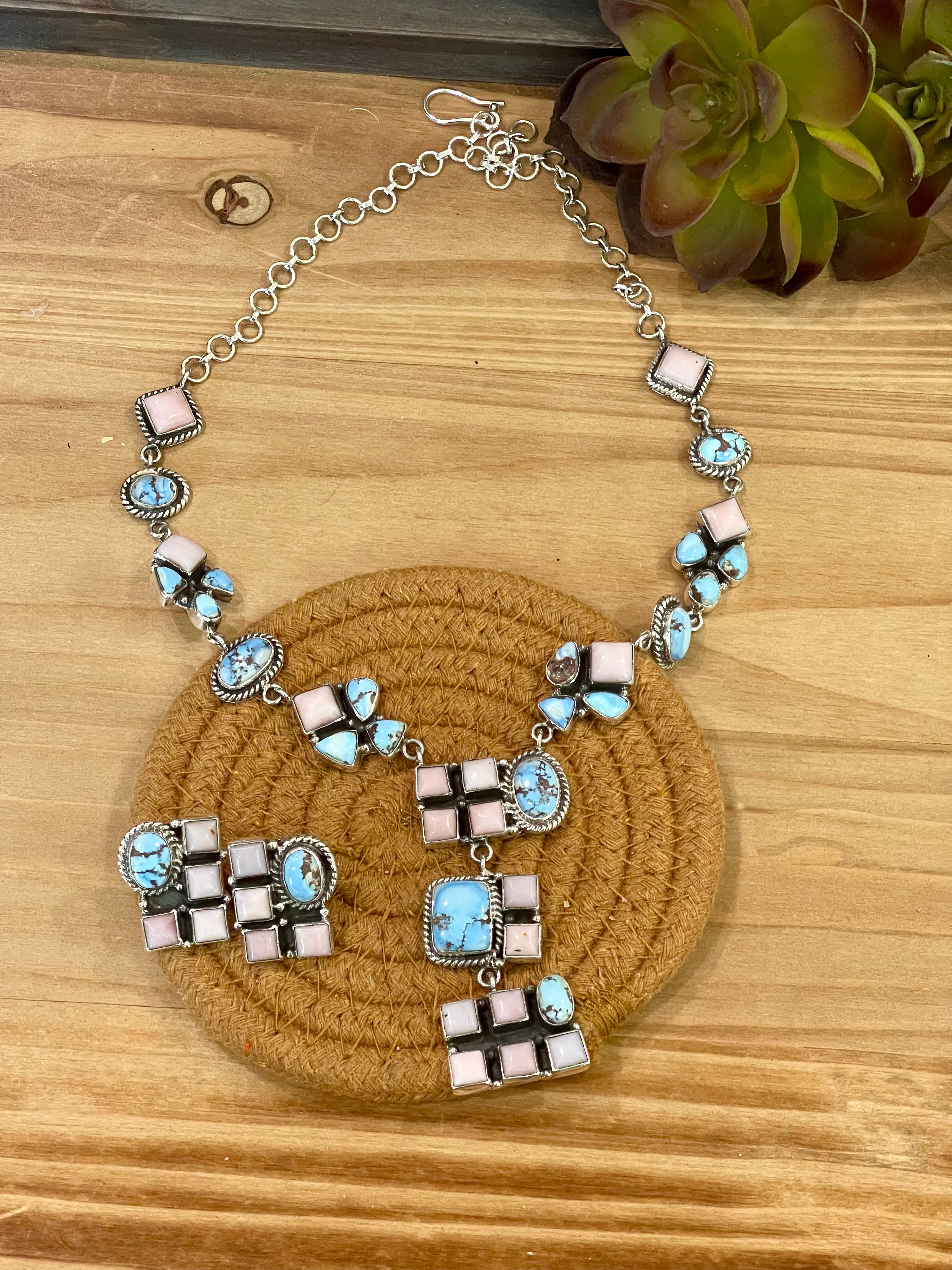 Beautiful Handmade Sterling Silver Golden Hills Turquoise Pink Opal Necklace Set