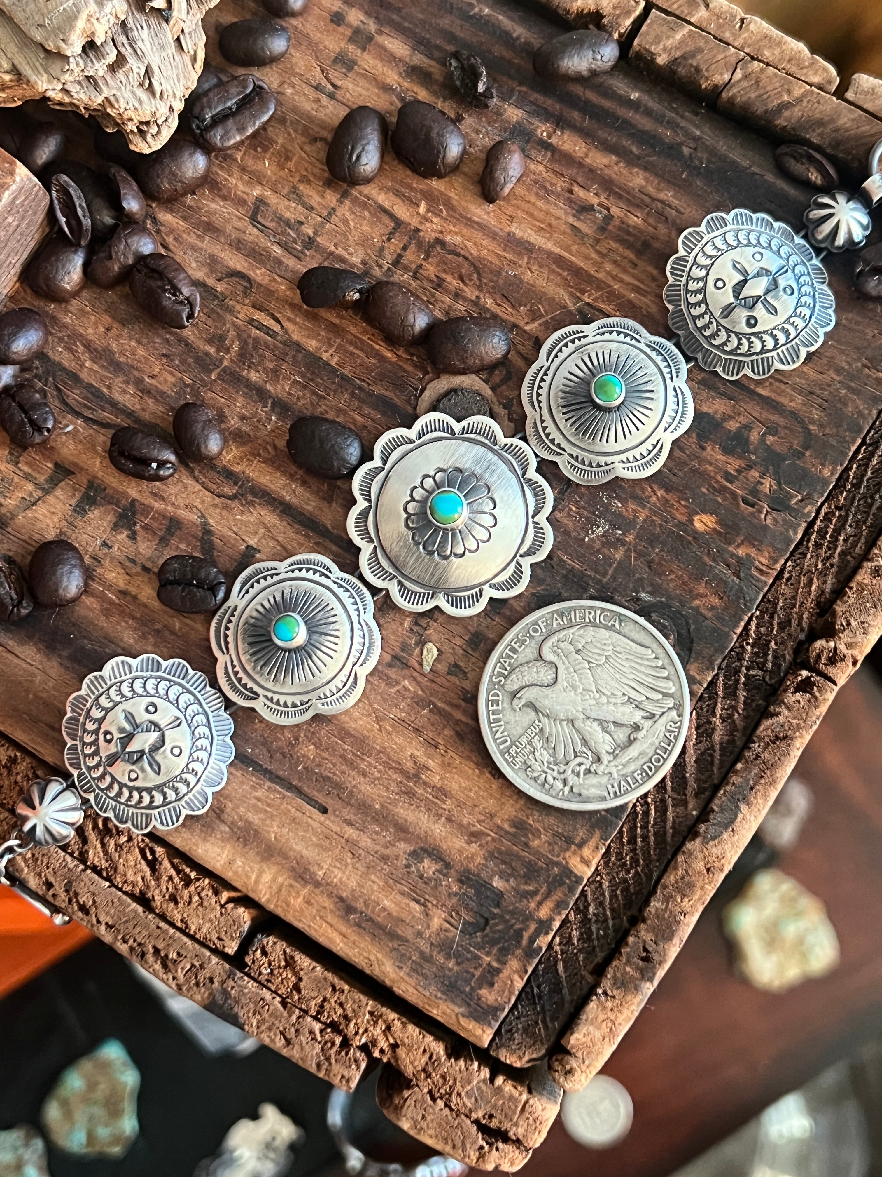 Raymond Coriz Sterling Concho Link Bracelets with Sonoran Mountain Turquoise