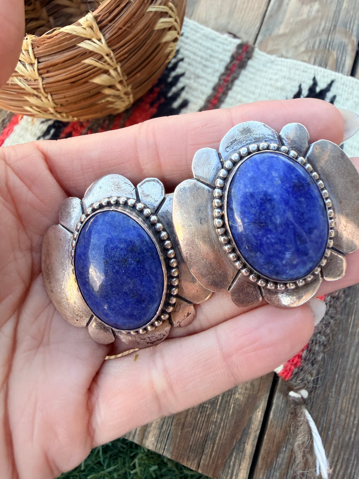 Old Pawn Handcrafted Sterling Silver & Lapis Post Earrings