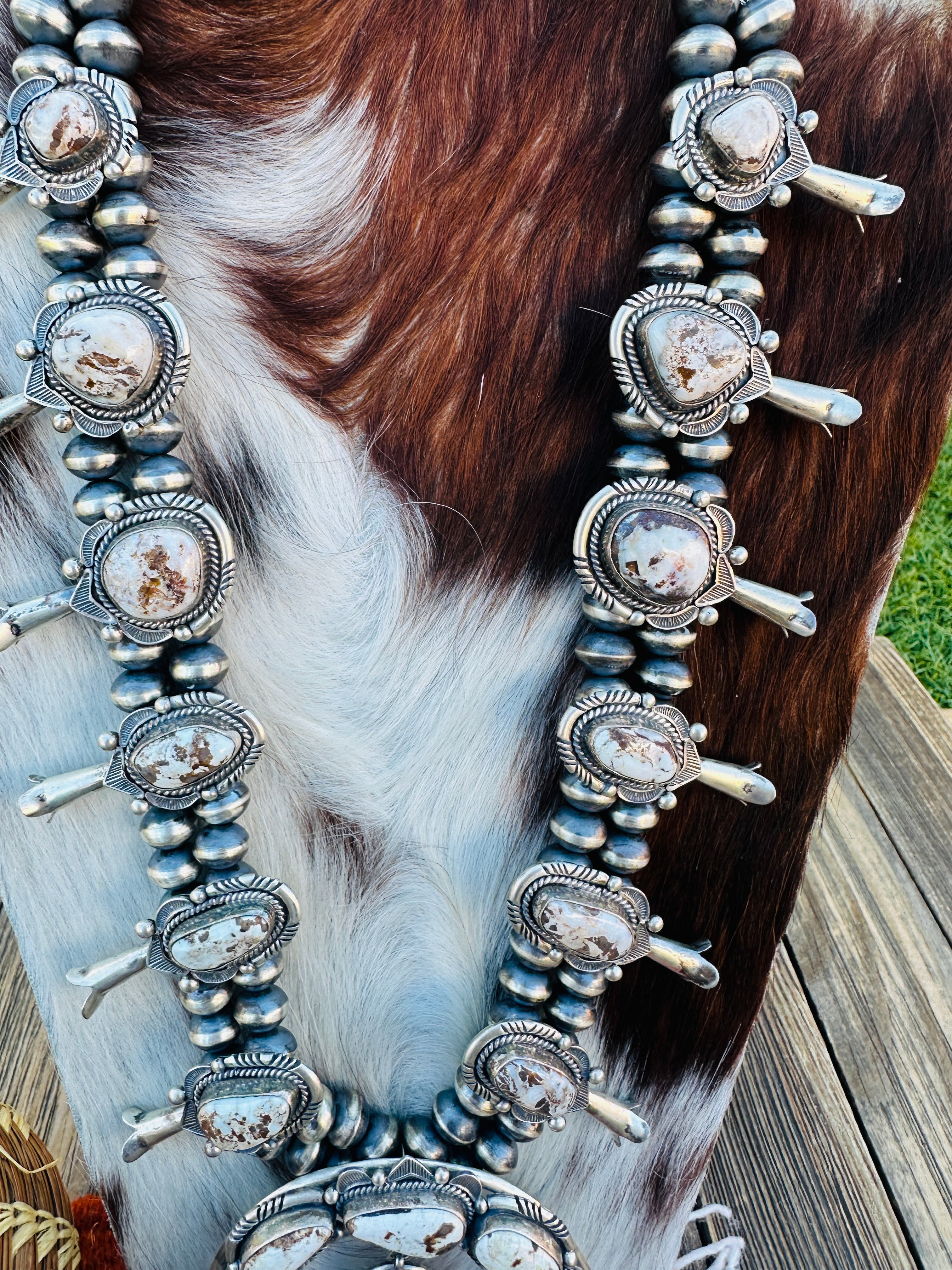 Handcrafted Dry Creek Turquoise & Sterling Silver Squash Blossom Necklace and Earring Set
