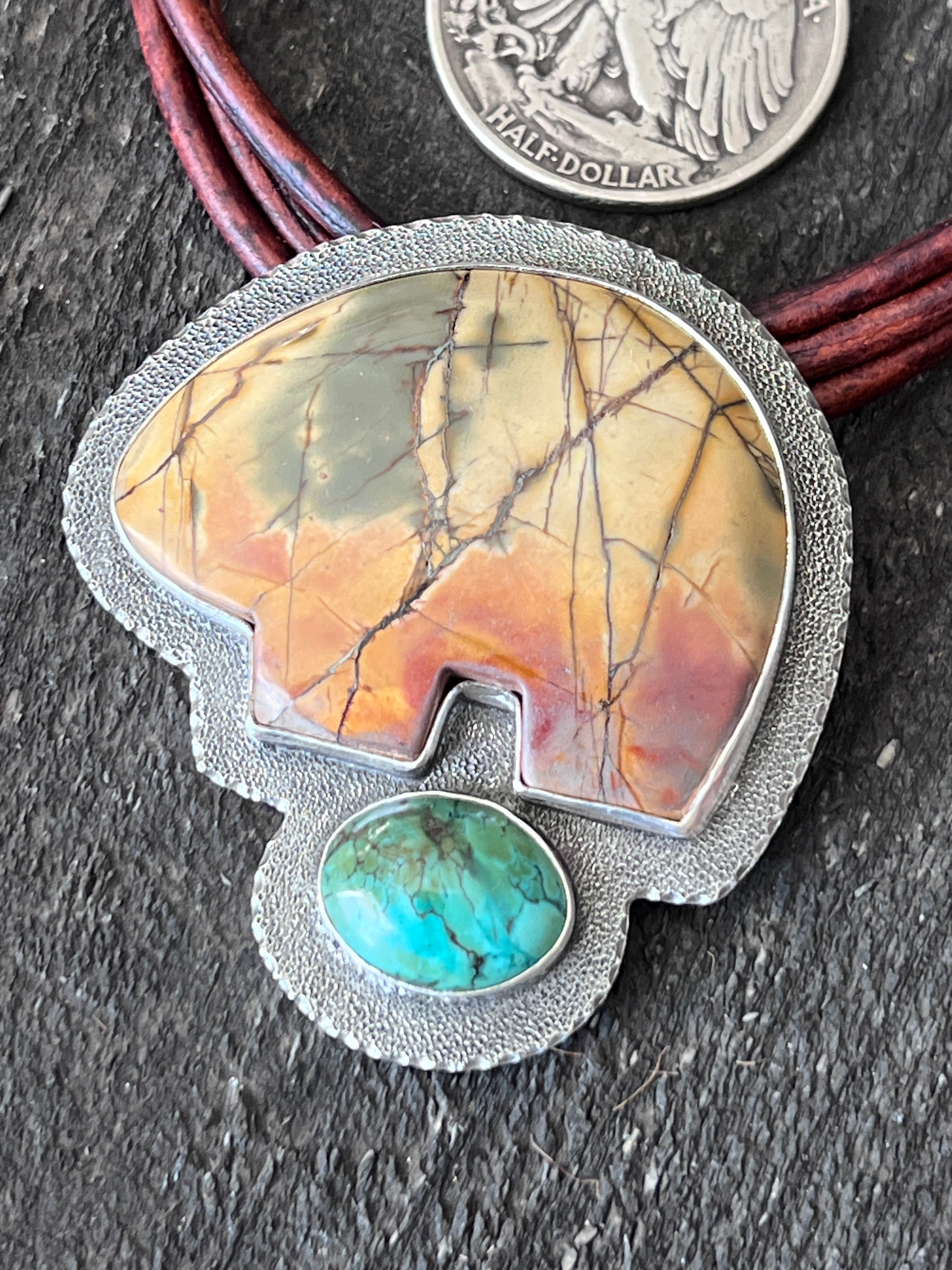 Tularosa Sterling Silver and Leather Red Creek Jasper Bear Necklace