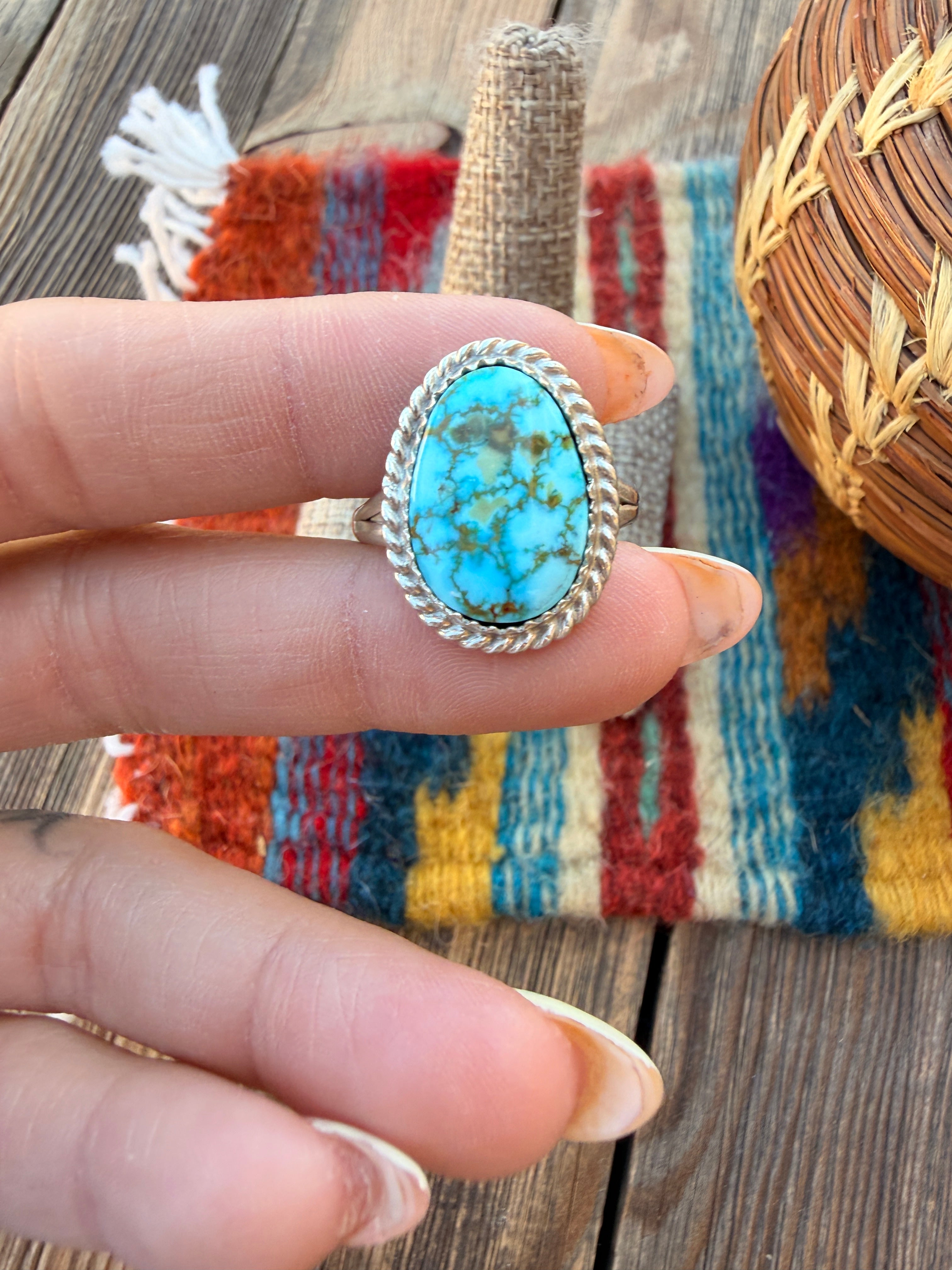 Handcrafted Turquoise & Sterling Silver Ring Size 10